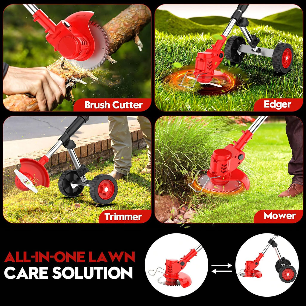 Cordless Weed Wacker with Wheel, Electric Weed Eater Battery Powered W/Blade, 3 in 1 Weed Trimmer Edger Weed Brush Cutter Mower, No String Grass Trimmer Wheel Yard Garden Tool
