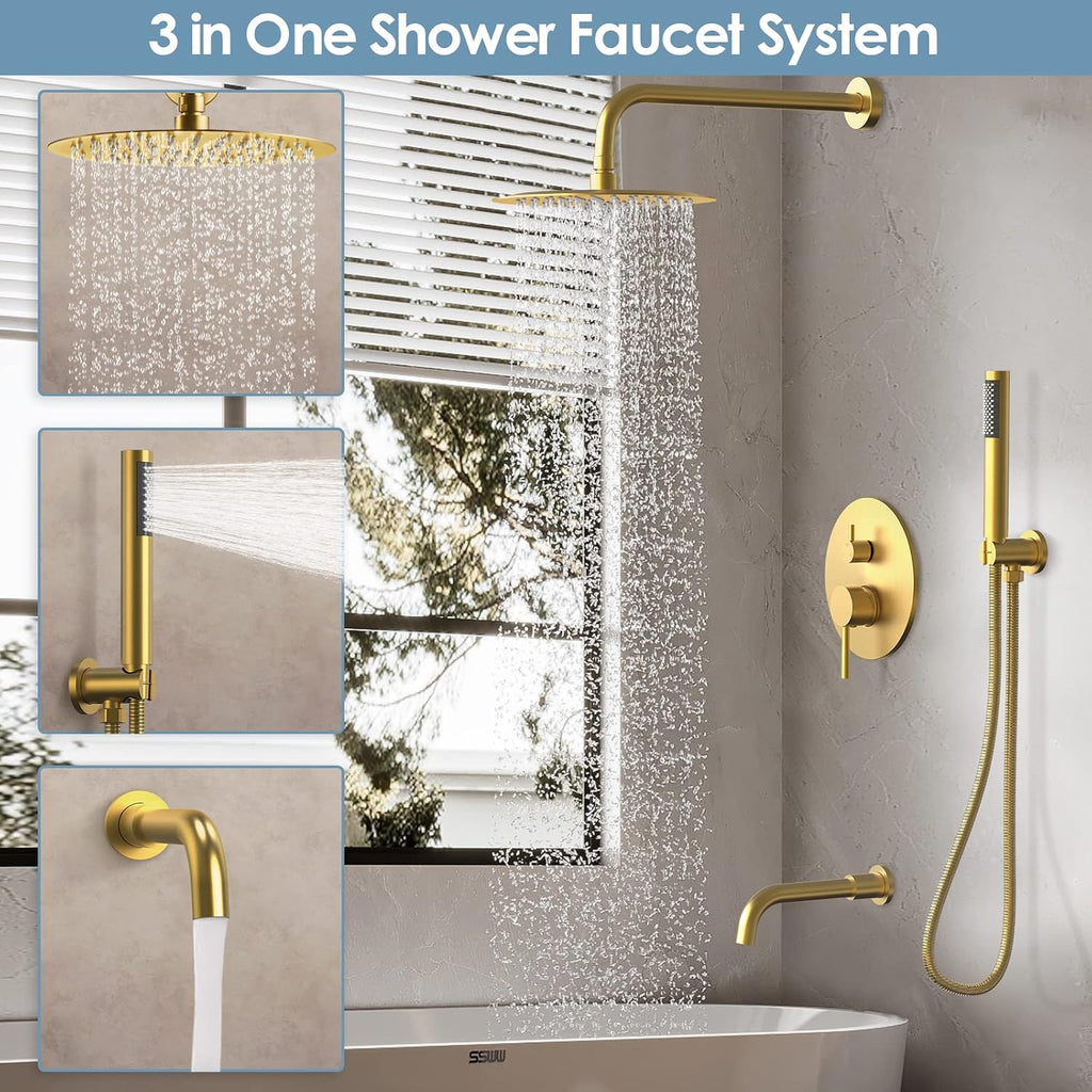 Shower System with Tub Spout: EVERSTEIN Shower Faucet Set Complete, 3-Function Wall Mount 10 Inch High Pressure Round Rain Shower Head with Handheld Sprayer, Tub and Shower Faucet Combo (Brushed Gold)