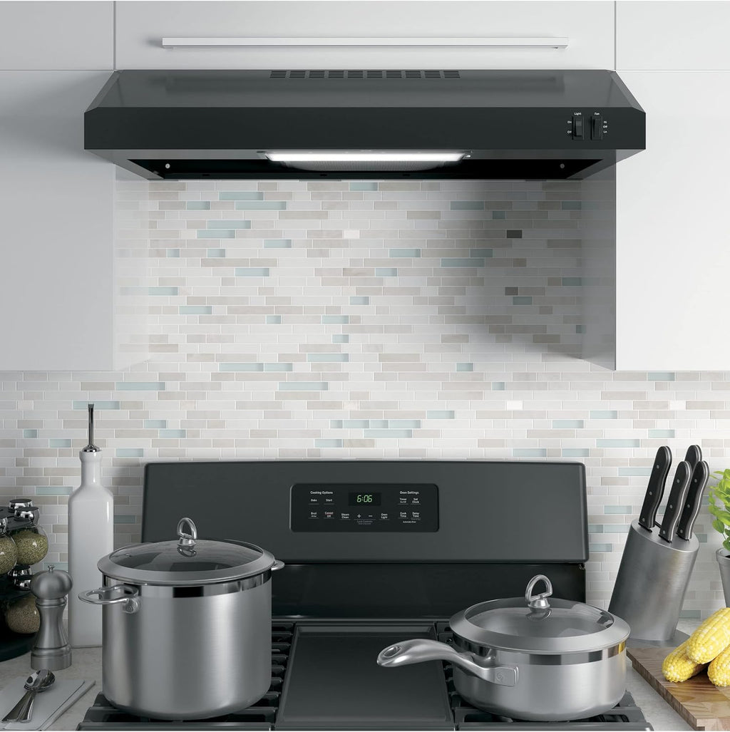 GE Under Cabinet Range Hood | 30 Inch Kitchen Exhaust Fan with 2 Speeds, Cooktop Lighting & Included Filter | Kitchen Essentials for Frequent Cooks | Top or Rear Exhaust Capability | 200 CFM | Black