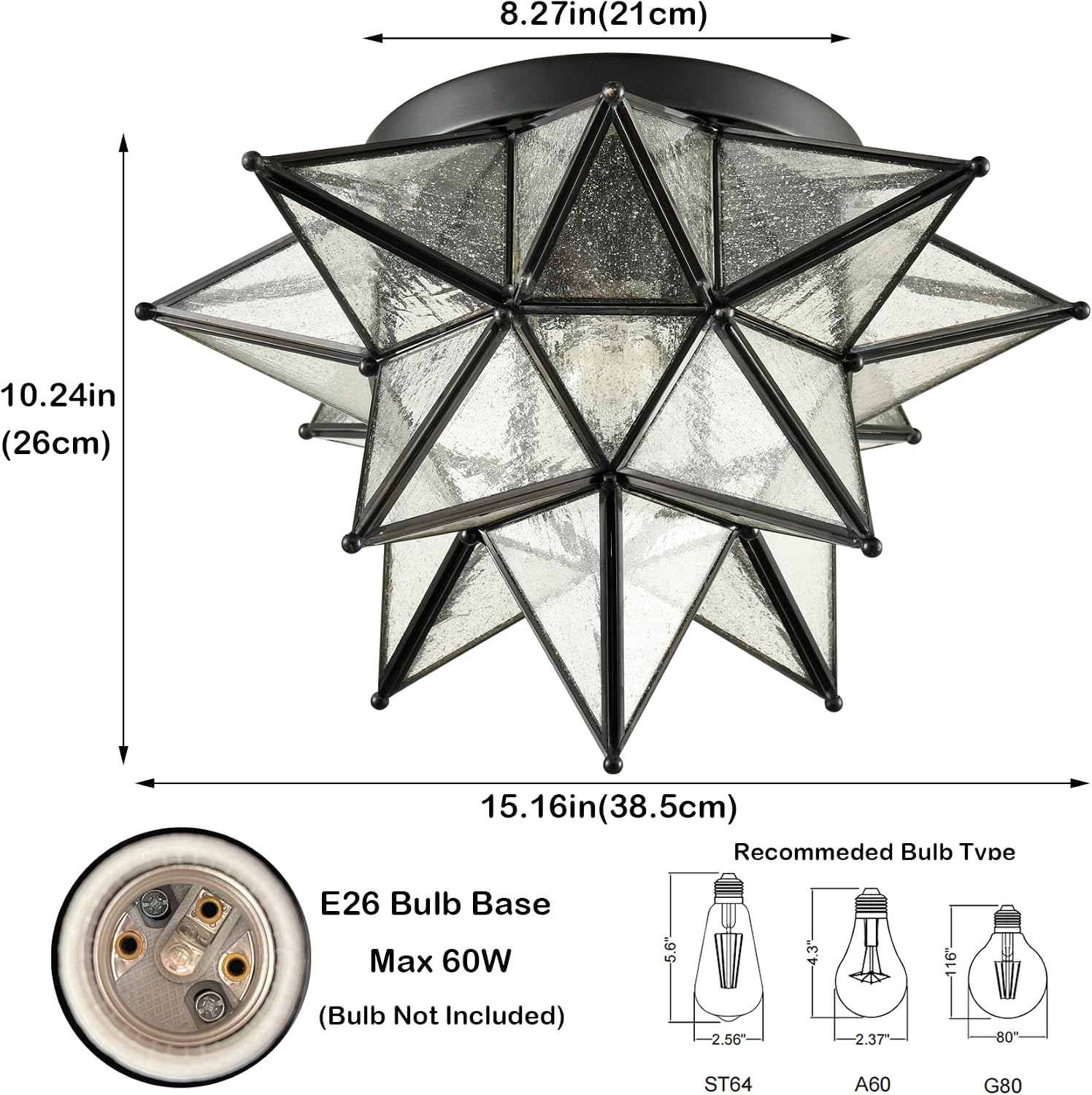 DAYCENT Boho Moroccan Seeded Glass Moravian Star Light Fixture Ceiling Flush Mount Hallway Kitchen, Black, 15 Inches