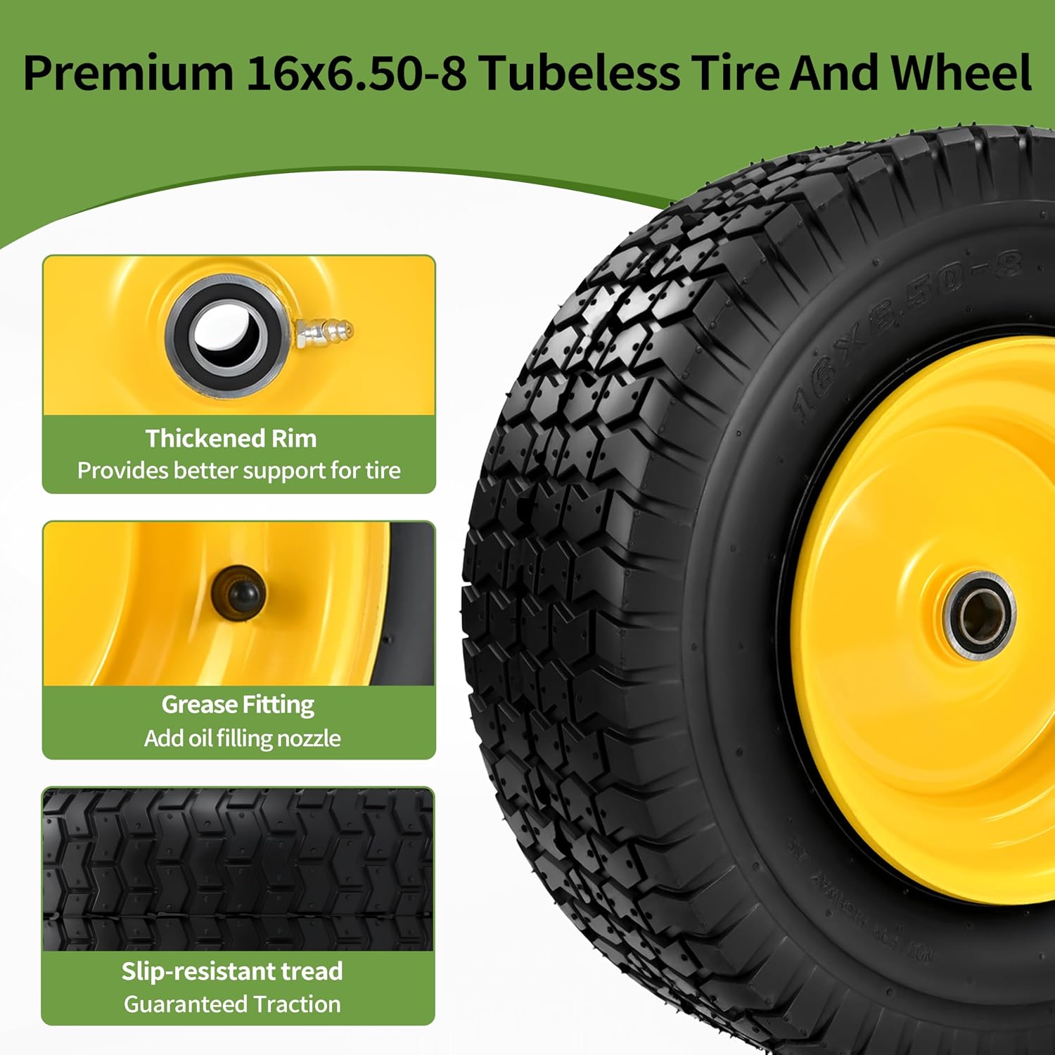 2 PCS 16x6.50-8 Tubeless Tire and Wheel, 3'-5'Offset Hub,with 3/4'Bearing 1'Bushing, Universal Fit Riding Lawn Mowers and Garden Tractor Front Wheel Assembly,4 Ply 16x6.5-8 Lawn Mower Tires,35 Psi