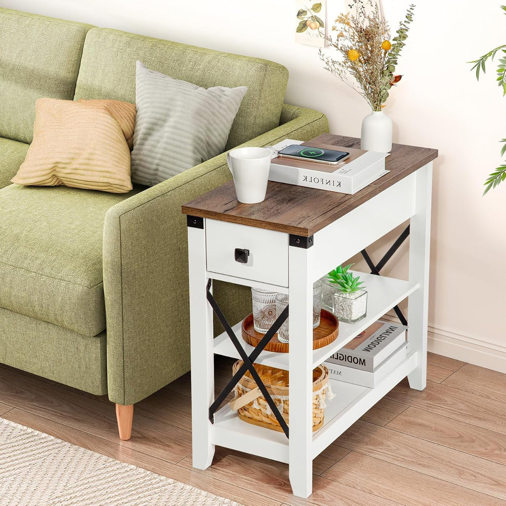 Awescuti Narrow End Table with Charging Station - Farmhouse Slim Side Table Set of 2, w/USB Ports Power Outlets, Nightstand w/Flip Top Storage Drawer, for Small Spaces Living Room Bedroom, Brown White