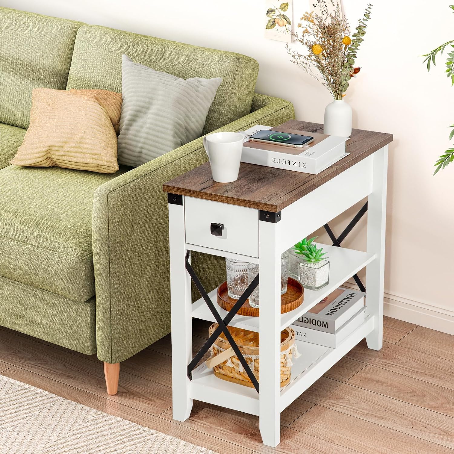 Awescuti Narrow End Table with Charging Station - Farmhouse Slim Side Table Set of 2, w/USB Ports Power Outlets, Nightstand w/Flip Top Storage Drawer, for Small Spaces Living Room Bedroom, Brown White