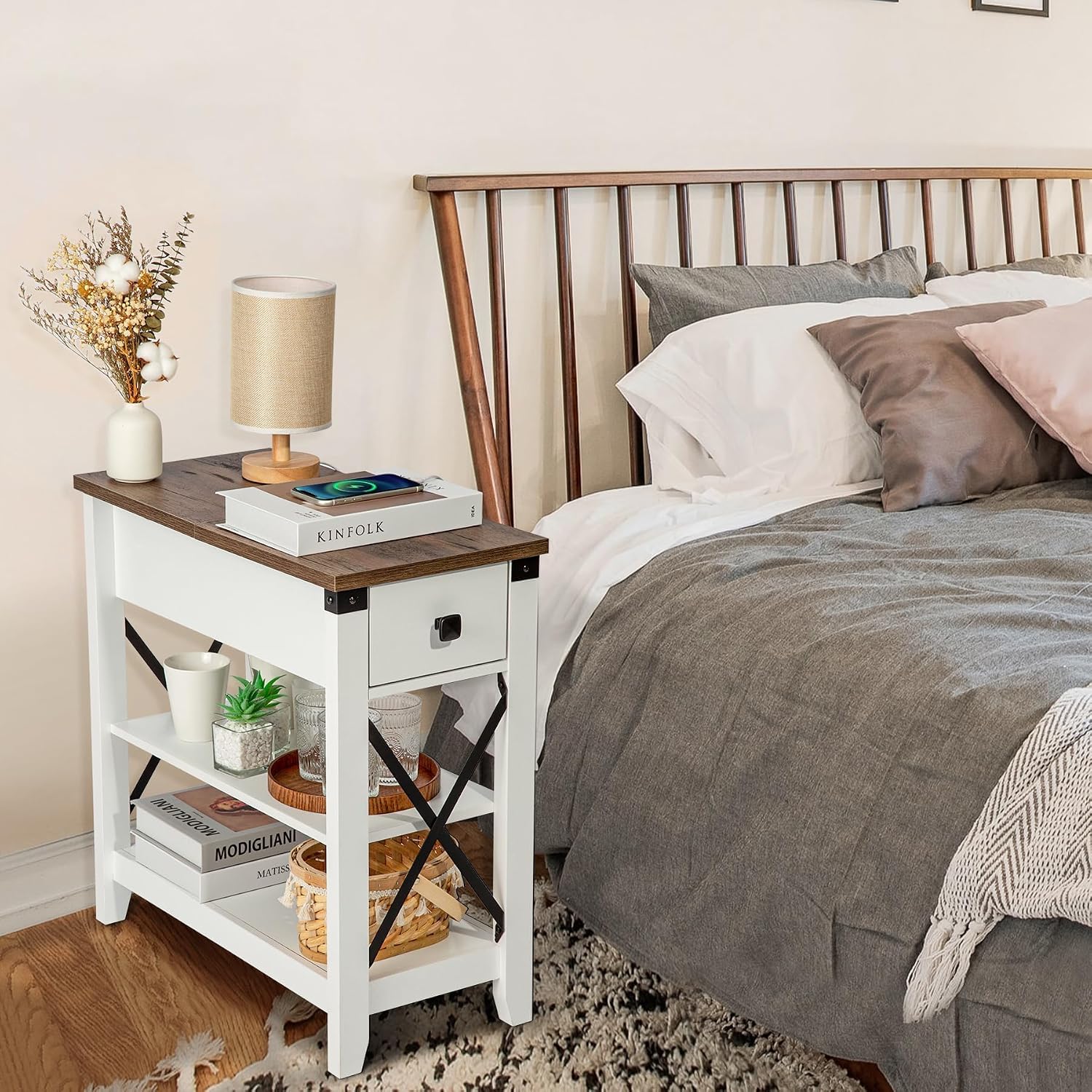 Awescuti Narrow End Table with Charging Station - Farmhouse Slim Side Table Set of 2, w/USB Ports Power Outlets, Nightstand w/Flip Top Storage Drawer, for Small Spaces Living Room Bedroom, Brown White