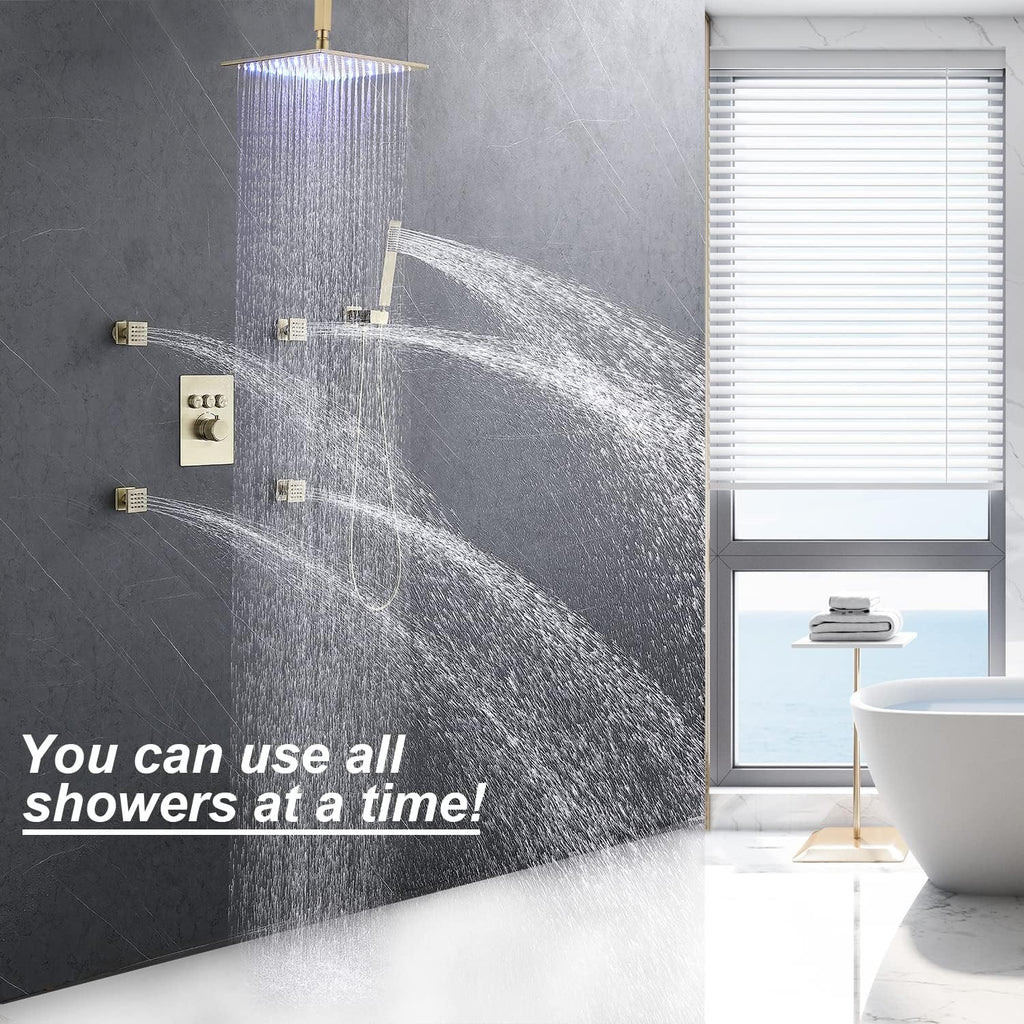 Brushed Gold Rain Shower System - Enga Full Body Spray Shower 12inch Ceiling Rain Showerhead with Body Jets, Thermostatic Modern Shower Combo Set, All Faucet On At The Same Time