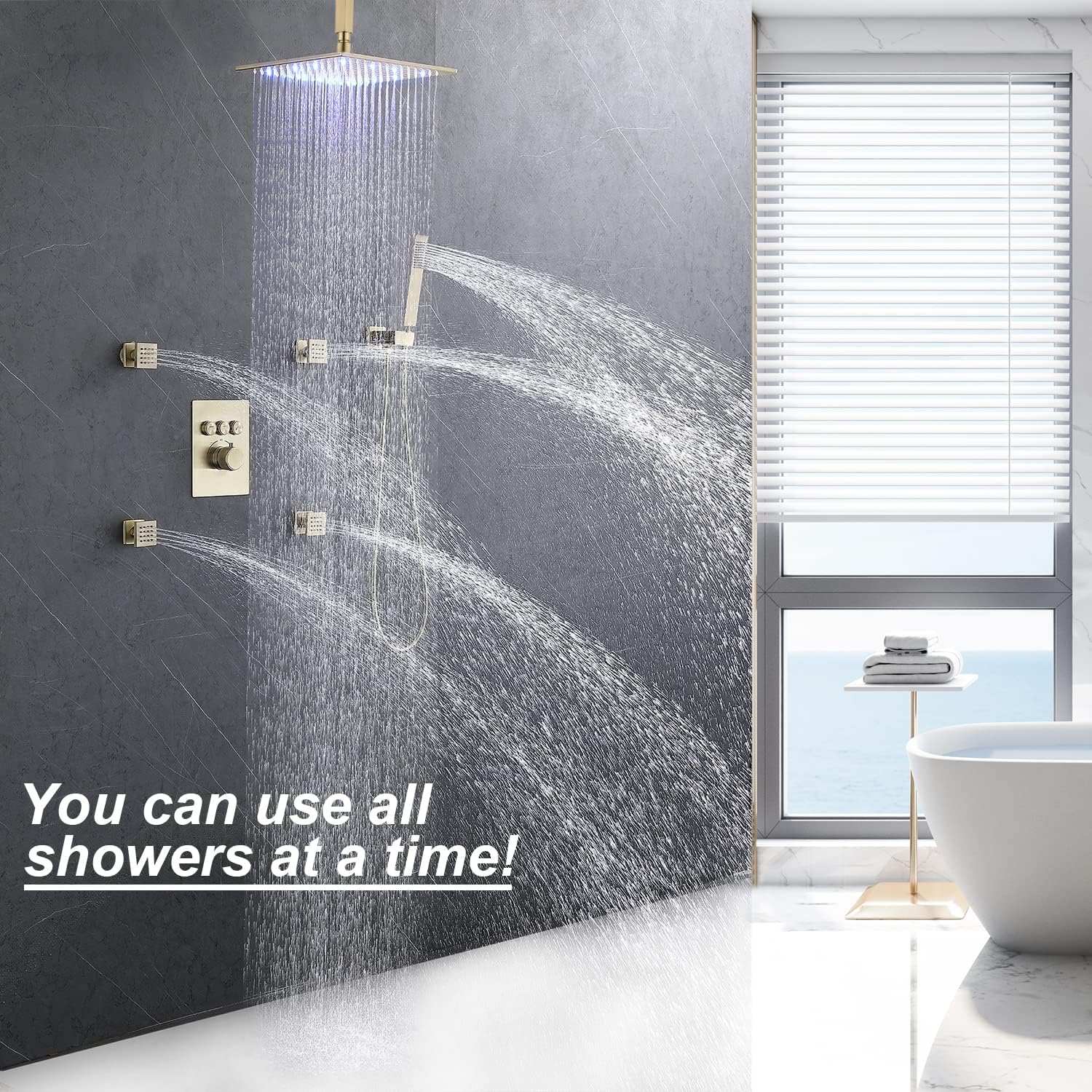 Brushed Gold Rain Shower System - Enga Full Body Spray Shower 12inch Ceiling Rain Showerhead with Body Jets, Thermostatic Modern Shower Combo Set, All Faucet On At The Same Time