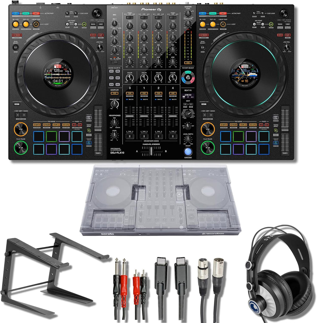 Pioneer DDJ-FLX10 4-Deck DJ Controller Bundle with StreamEye Cans50, On-Stage LPT5000 Laptop Stand, Decksaver Cover and DJ Cables | Rekordbox + Serato DJ Pro | Complete DJ Setup with Stem Separation