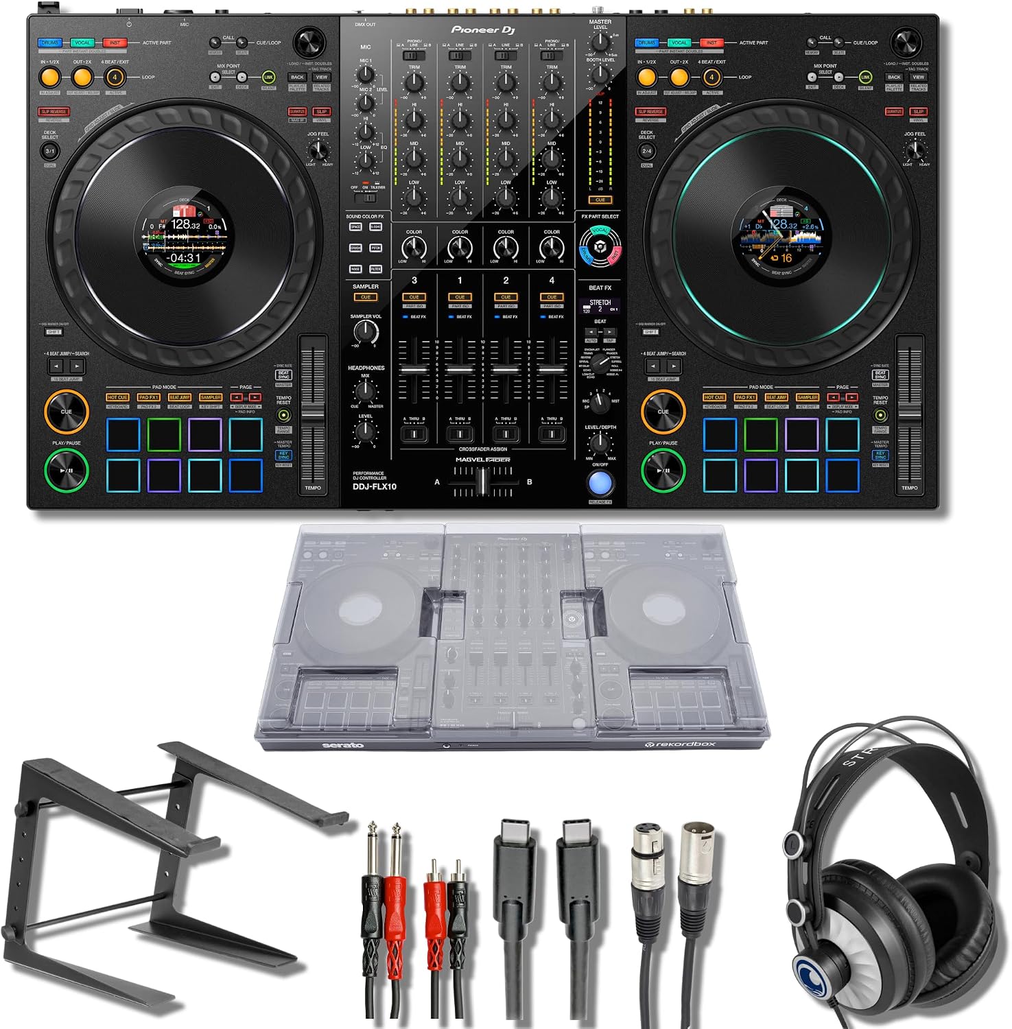 Pioneer DDJ-FLX10 4-Deck DJ Controller Bundle with StreamEye Cans50, On-Stage LPT5000 Laptop Stand, Decksaver Cover and DJ Cables | Rekordbox + Serato DJ Pro | Complete DJ Setup with Stem Separation