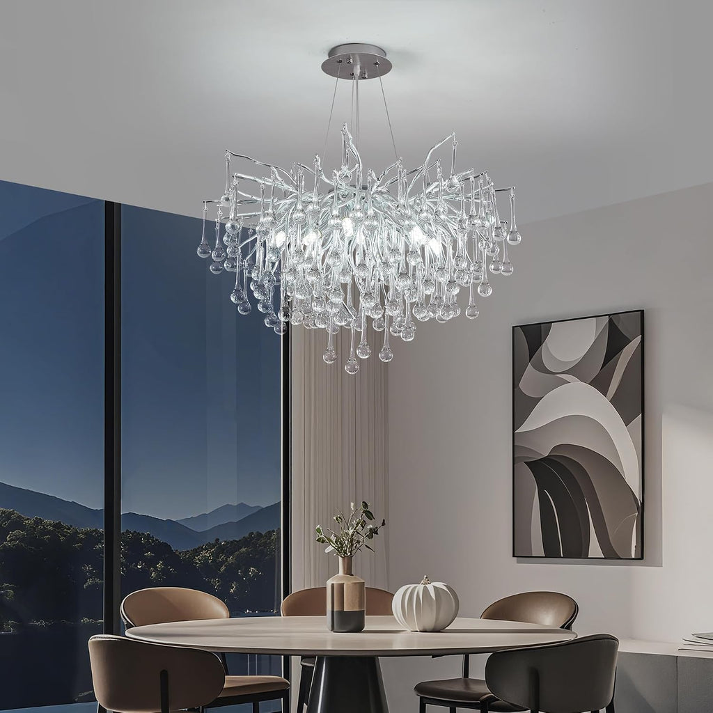 Modern Crystal Raindrop Chandelier, Silver Round Art Deco Tree Branch Lighting Fixture for Dining Room Living Room Foyer 13 Lights D31.5''