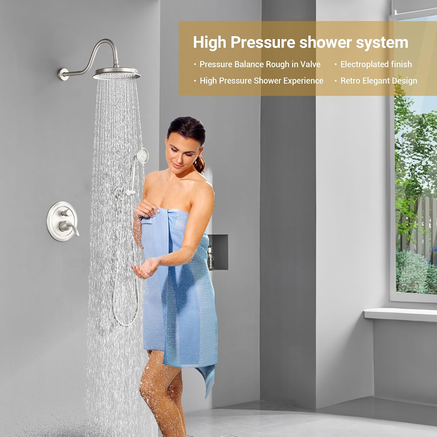 DASAN Brushed Nickel Rain Shower System Complete Antique Shower Faucet Sets, Shower Fixtures Combo Set with Pressure Balance Valve, Trim Kit, 9'' Rainfall Overhead Shower & Handheld, AT209W-BN