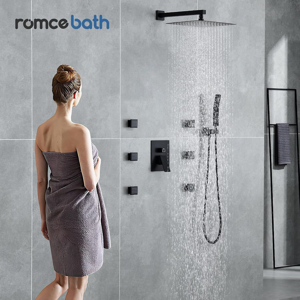 Rain Shower System With Complete 6 Pcs Body Sprays Jets And Pressured Balance Rough-in Valve,12Inch Rainfall Shower Head And Handheld, Modern Matte Black Wall Mount Shower Faucets Sets