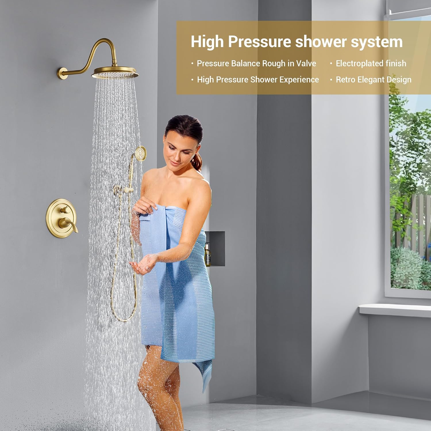 DASAN Brushed Gold Rain Shower System Complete Antique Shower Faucet Sets, Brushed Gold Shower Fixtures Combo with Pressure Balance Valve, Trim Kit, 9'' Rainfall Overhead Shower & Handheld, AT209W-BTG