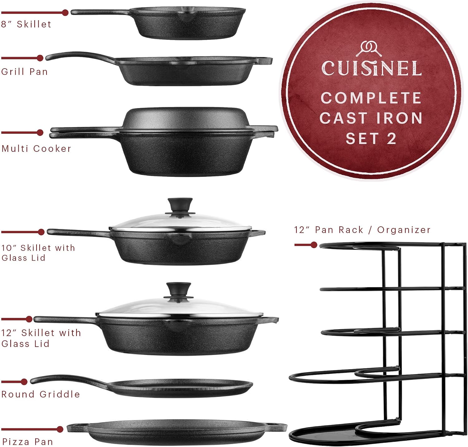 Cuisinel Cast Iron Cookware Set - Complete Pre-Seasoned Kit - 8' Skillet + 10'+12' Skillets with Glass Lid + Grill Pan + Multi-Cooker/Dutch Oven + Flat Griddle + Pizza Pan + Rack Organizer - 2024