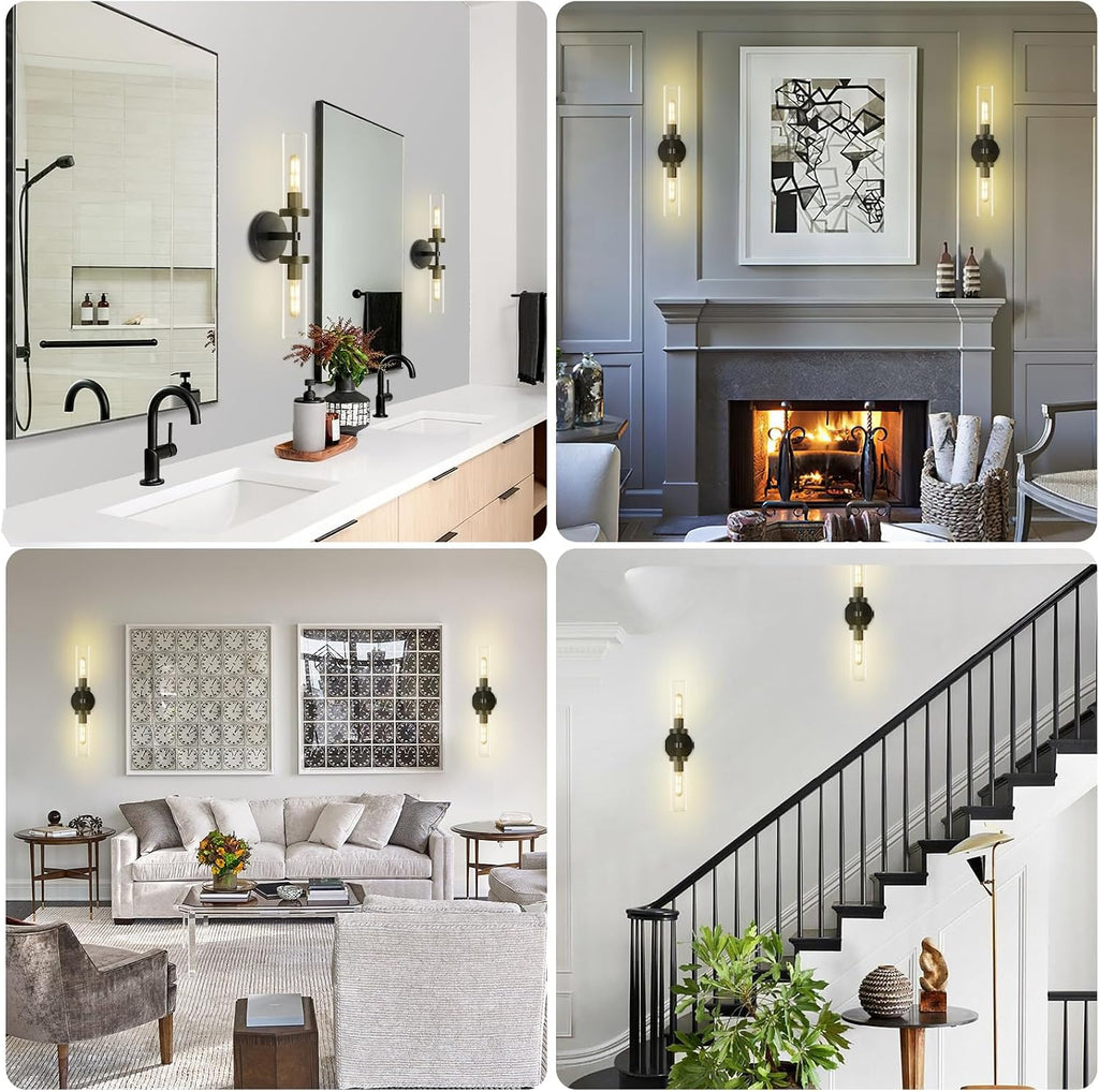 Black Bathroom Vanity Wall Sconces 2-Light Glass Tube Wall Sconce 21in Horizontal or Vertical Linear Wall Sconces Black Vanity Light Indoor Wall Sconce E26 Bulb Included