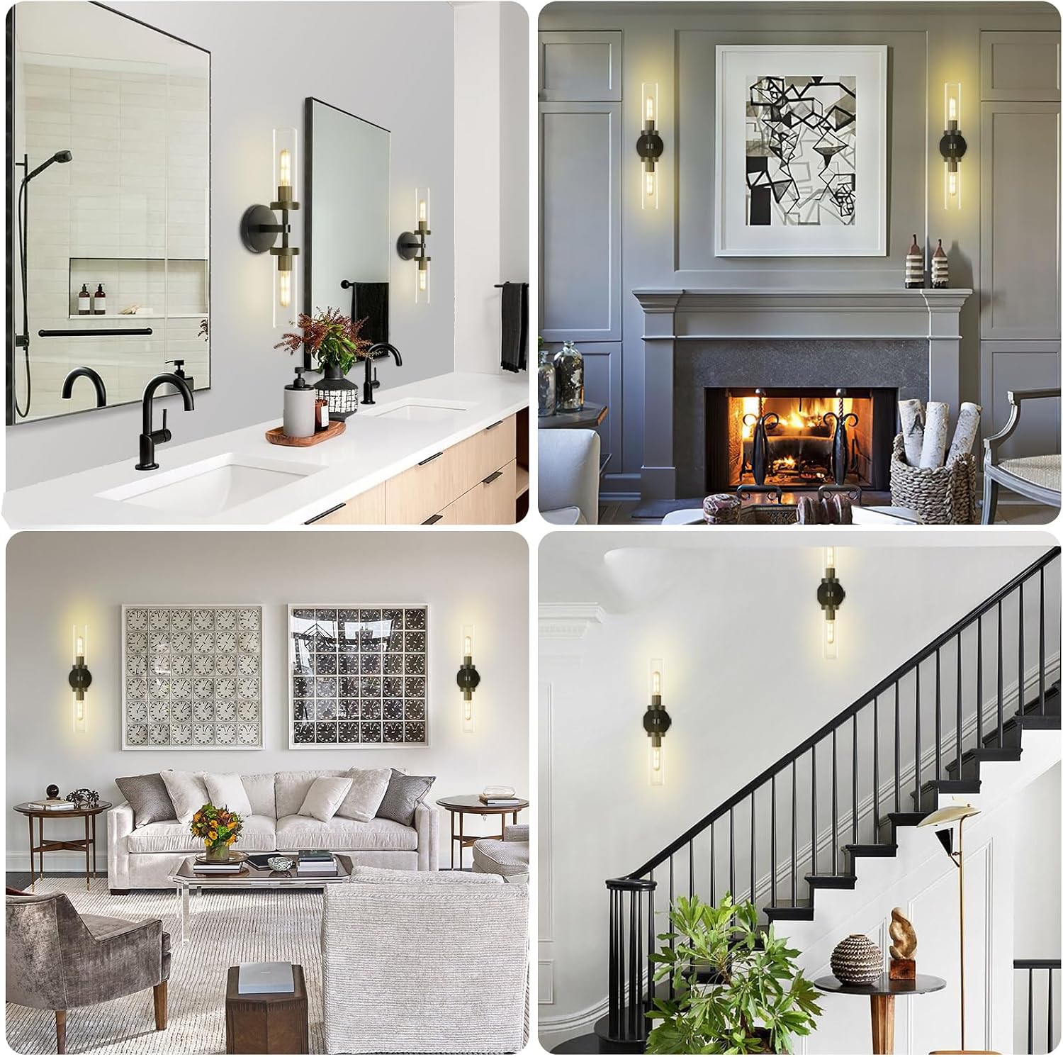 Black Bathroom Vanity Wall Sconces 2-Light Glass Tube Wall Sconce 21in Horizontal or Vertical Linear Wall Sconces Black Vanity Light Indoor Wall Sconce E26 Bulb Included