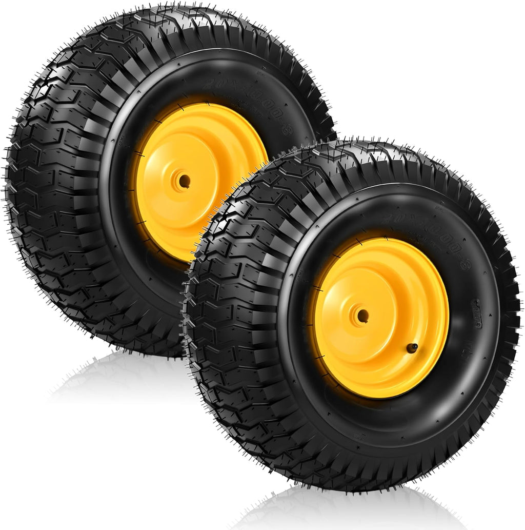 2 Pcs 20x10.00-8 Tubeless Lawn Mower Tire and Wheel, 20x10-8 Air-Filled Rear Tire and Rim Assembly for Riding Mowers, Lawn Tractors, Garden Tractors, 3/4' Bore, 3/16' Keyway, 3.5' Offset Hub, 4 Ply
