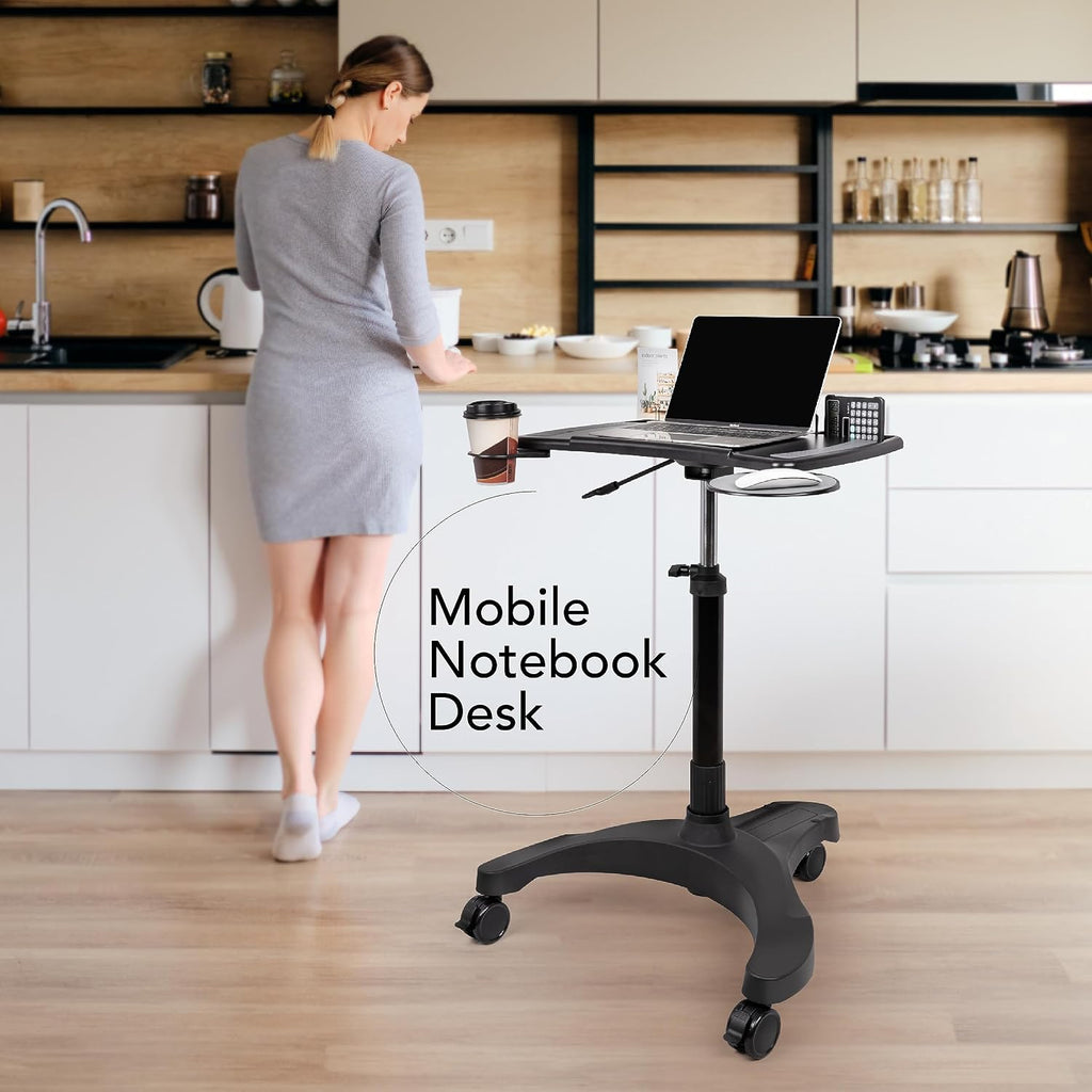 EHO Mobile Laptop Standing Desk Carts on Wheels with Stationery Storage, Pneumatic, Height Adjustable Rolling Stand, Sit to Stand Computer Cart, Workstation for Home, Office, Medical and School