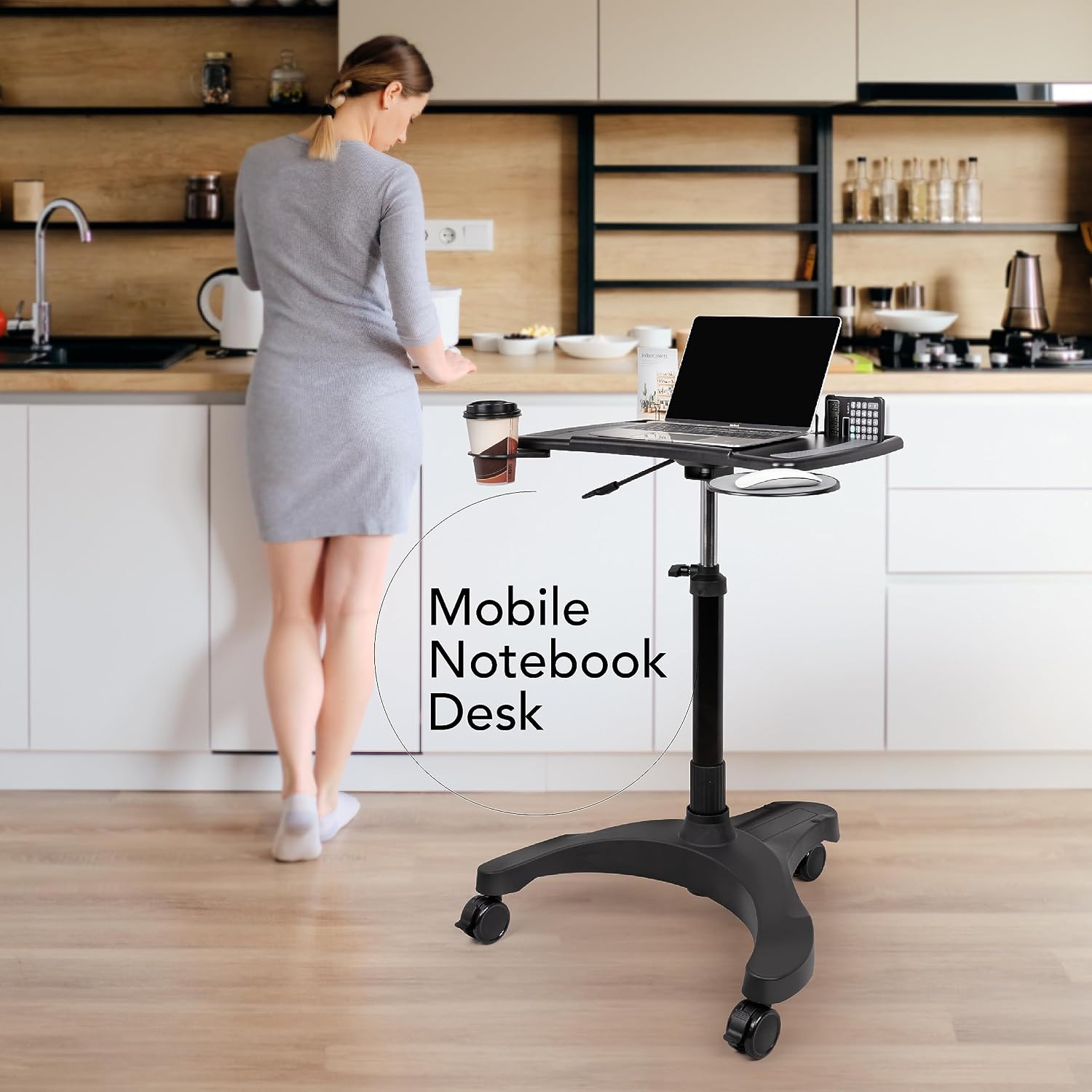 EHO Mobile Laptop Standing Desk Carts on Wheels with Stationery Storage, Pneumatic, Height Adjustable Rolling Stand, Sit to Stand Computer Cart, Workstation for Home, Office, Medical and School