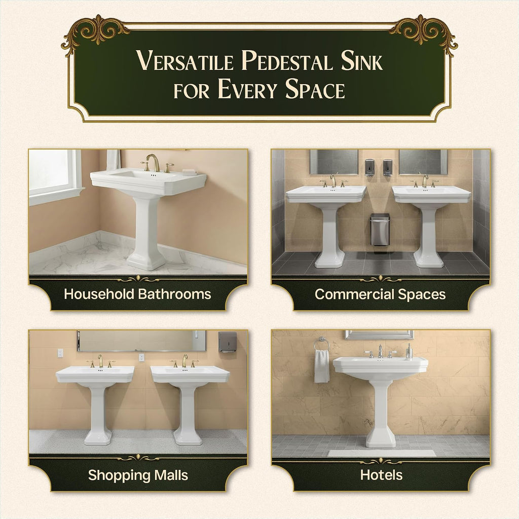 Renovators Supply Manufacturing Victorian 32' W x 34.5' H x 22' Proj. Large White Bathroom Pedestal Sink, Vitreous China, with Overflow, Compatible with 8 in. Widespread Faucets