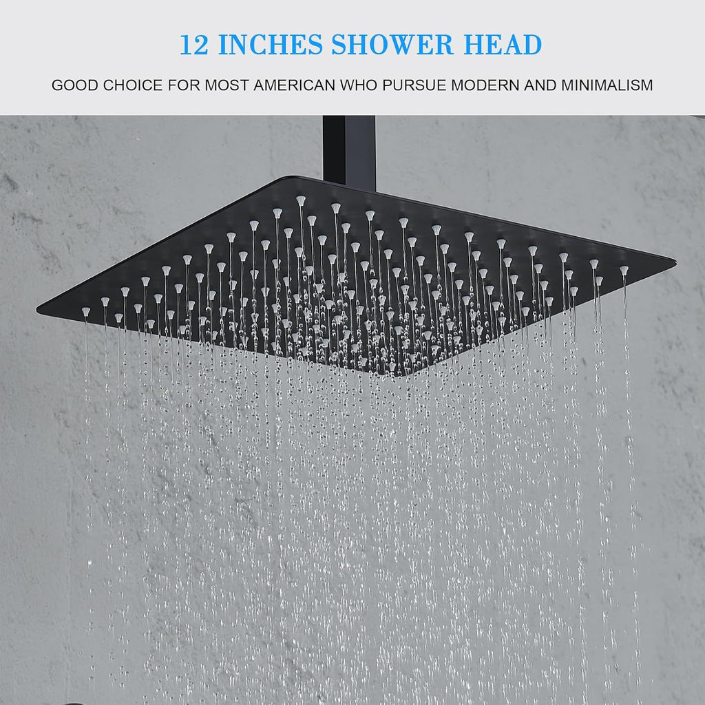 Shower Faucet Set, Matte Black Shower System with Rain Shower and Handheld Bathroom Rainfall Ceiling 12 Inch Shower Set with Valve