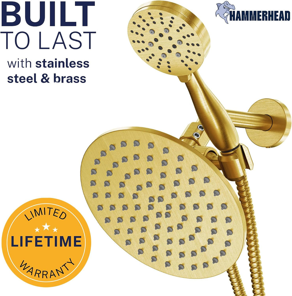 HammerHead Showers® Solid Metal Dual Shower Head Combo – BRUSHED GOLD – 8 Inch Rainfall High Flow Shower Head & 3-Flow Handheld Shower Head High Pressure with Hose 6ft - Luxury Double Shower Heads