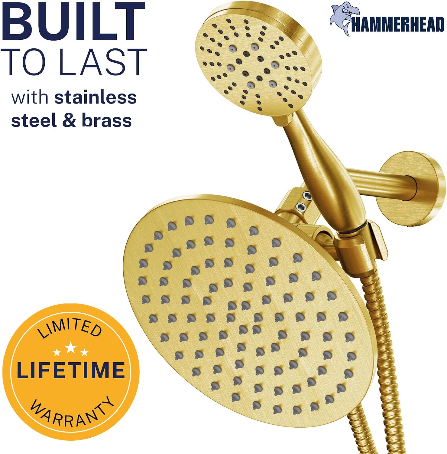 HammerHead Showers® Solid Metal Dual Shower Head Combo – BRUSHED GOLD – 8 Inch Rainfall High Flow Shower Head & 3-Flow Handheld Shower Head High Pressure with Hose 6ft - Luxury Double Shower Heads
