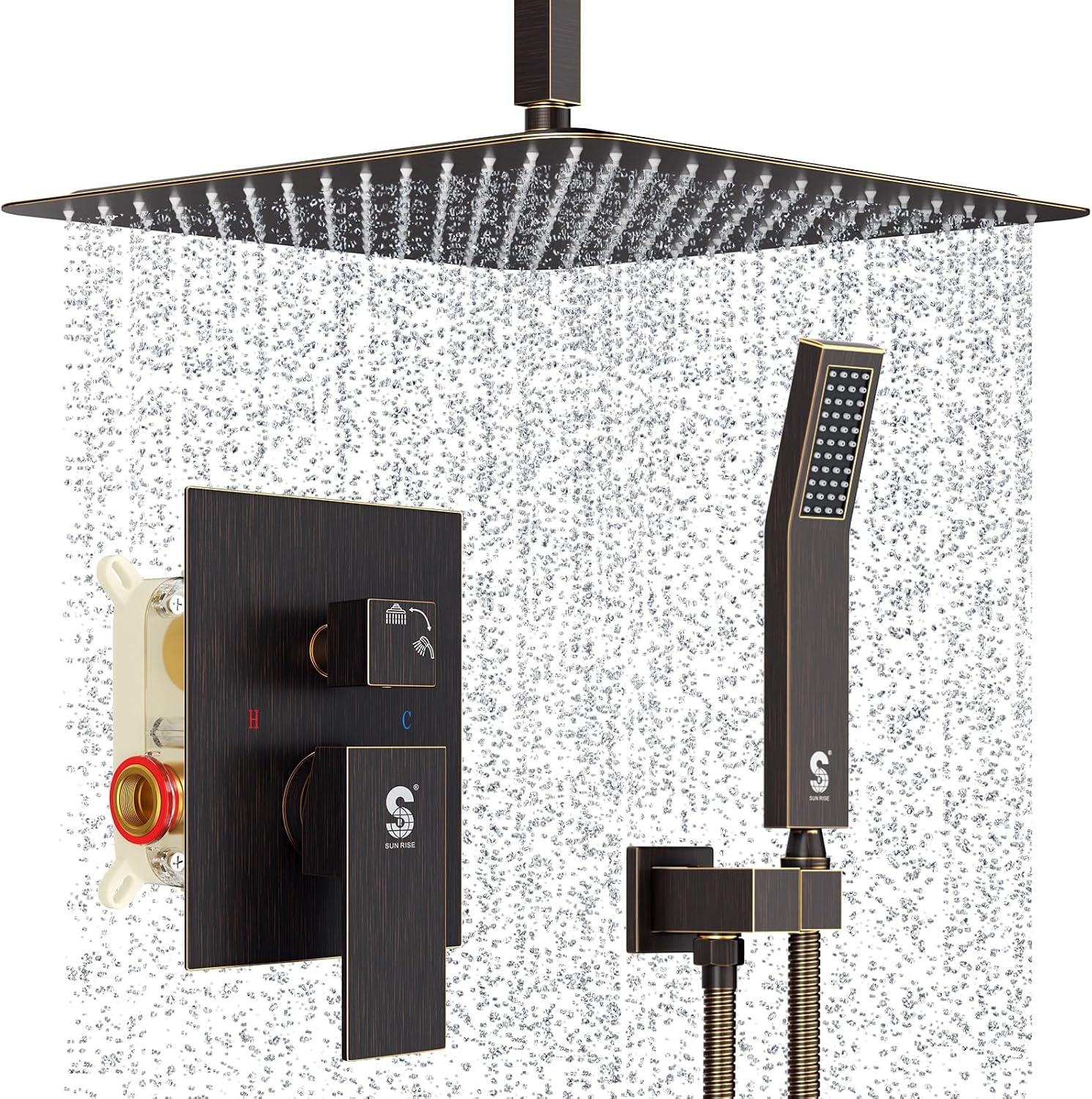 SR SUN RISE 16 Inches Oil Rubbed Bronze Shower Faucets Sets Complete Bathroom Rain Mixer Shower System Ceiling Mounted Rainfall Shower Head System (Contain Shower Faucet Rough-In Valve Body and Trim)