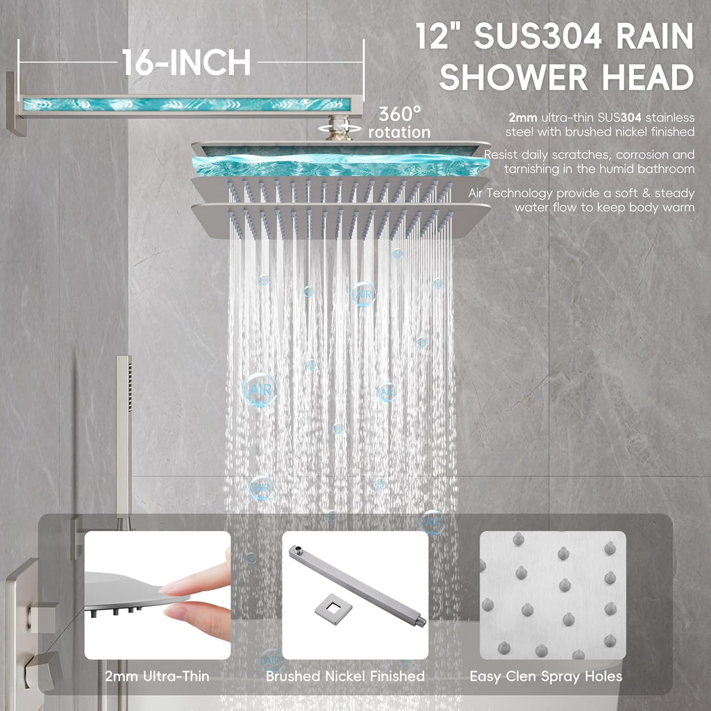 Alesco Shower Faucet Set, Brushed Nickel Shower System with 12-Inch High-Pressure Rainfall Showerheads and Handheld Spray combo, Showerfixture Include Valve and Trim Kit, Brushed Nickel