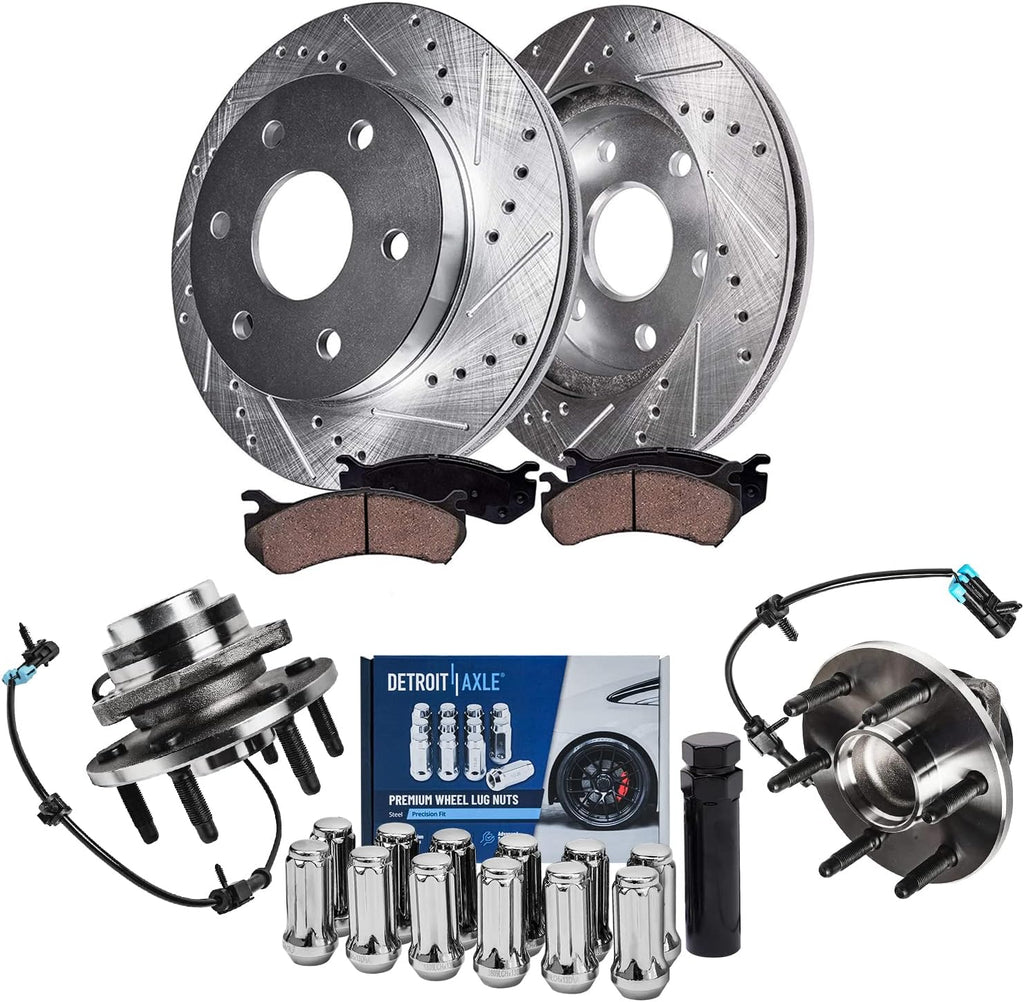 Detroit Axle - 2WD Front Wheel Bearing Hubs Brake Kit for Chevrolet Silverado Avalanche Express Suburban 1500 GMC Safari Yukon, Brake Rotors Brakes Pads Wheel Bearing Hubs Lug Nuts Replacement