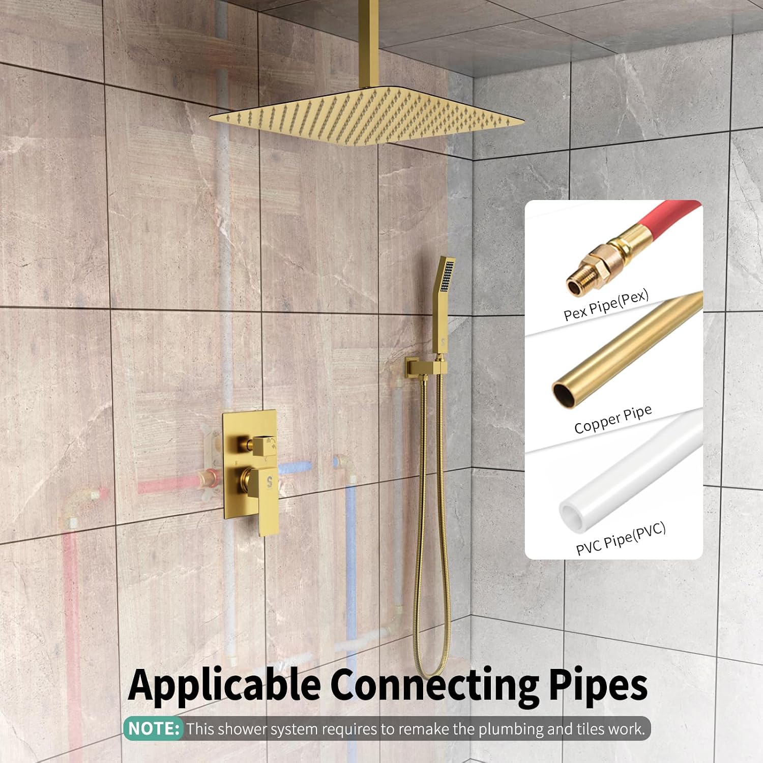 SR SUN RISE 16 Inch Ceiling Mounted Shower System Rain Mixer Shower Combo Set Rainfall Shower Head System Brushed Gold Shower Faucet Rough-in Valve Body and Trim Included