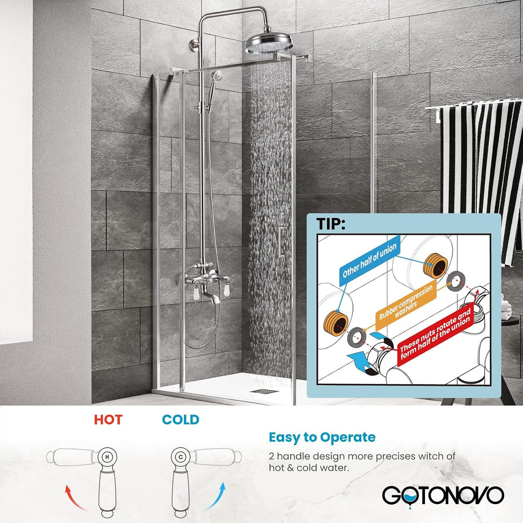 gotonovo Shower Faucet Set Brushed Nikcel 8-inch Shower Head Fixture with Handheld Spray Double Lever Handle Tub Spout Triple Function Bathroom Wall Mount