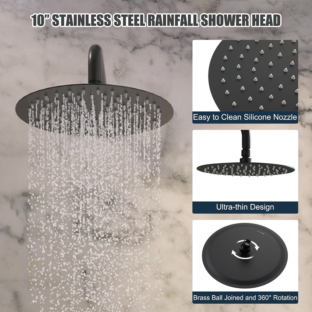MONDAWE Round Shower Faucet Set, Wall Mounted Shower System 10 Inch Rainfall Shower Head with Handheld Combo, Matte Black High Pressure Rainfall Shower Set -Valve Included