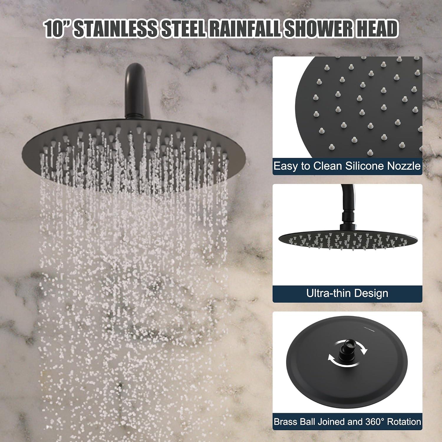 MONDAWE Round Shower Faucet Set, Wall Mounted Shower System 10 Inch Rainfall Shower Head with Handheld Combo, Matte Black High Pressure Rainfall Shower Set -Valve Included