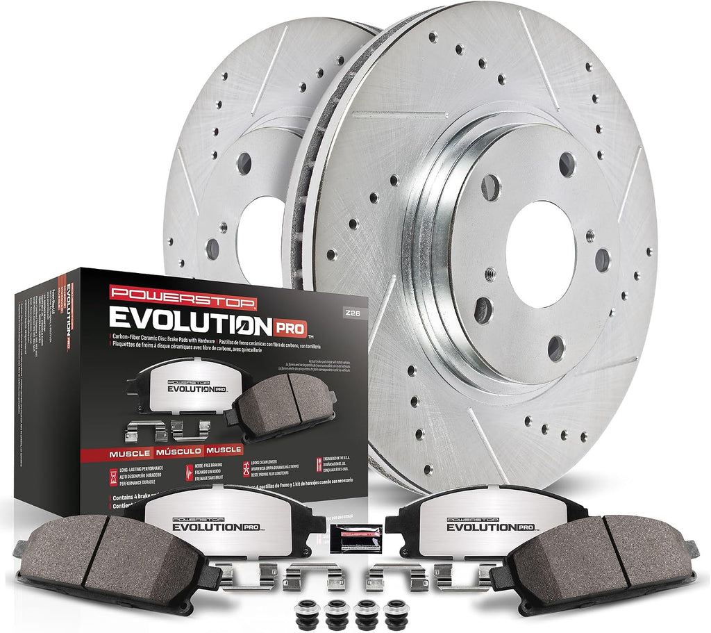 PowerStop Front Brake Kit for Chrysler 300 2005-10 |300 2012-14 |300 2023 |Dodge Challenger 2008-23 |Charger 2006-10 - Carbon-Fiber Ceramic Z26 Brake Pads + Drilled & Slotted Rotors Upgrade, K4695-26