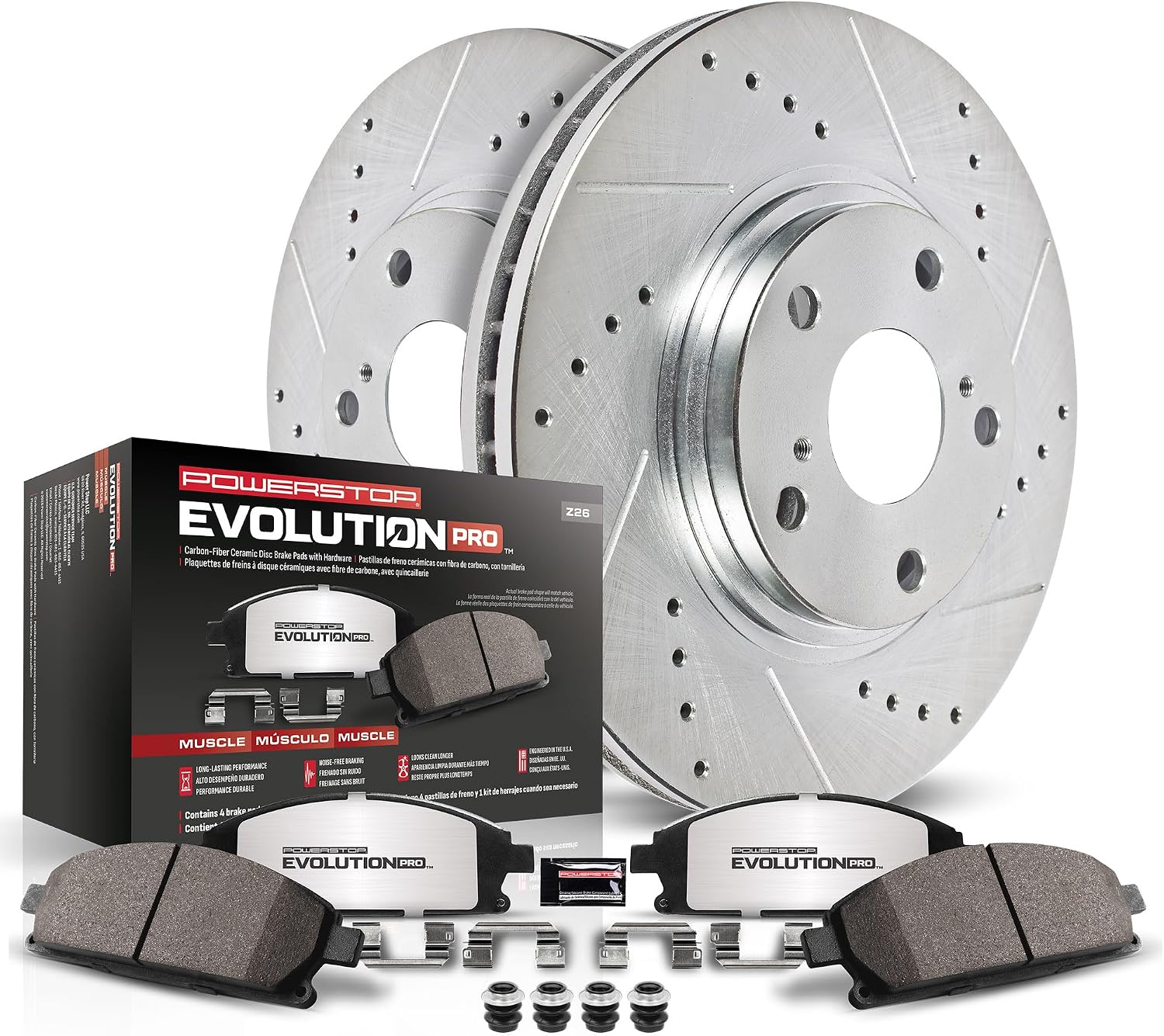 PowerStop Front Brake Kit for Chrysler 300 2005-10 |300 2012-14 |300 2023 |Dodge Challenger 2008-23 |Charger 2006-10 - Carbon-Fiber Ceramic Z26 Brake Pads + Drilled & Slotted Rotors Upgrade, K4695-26