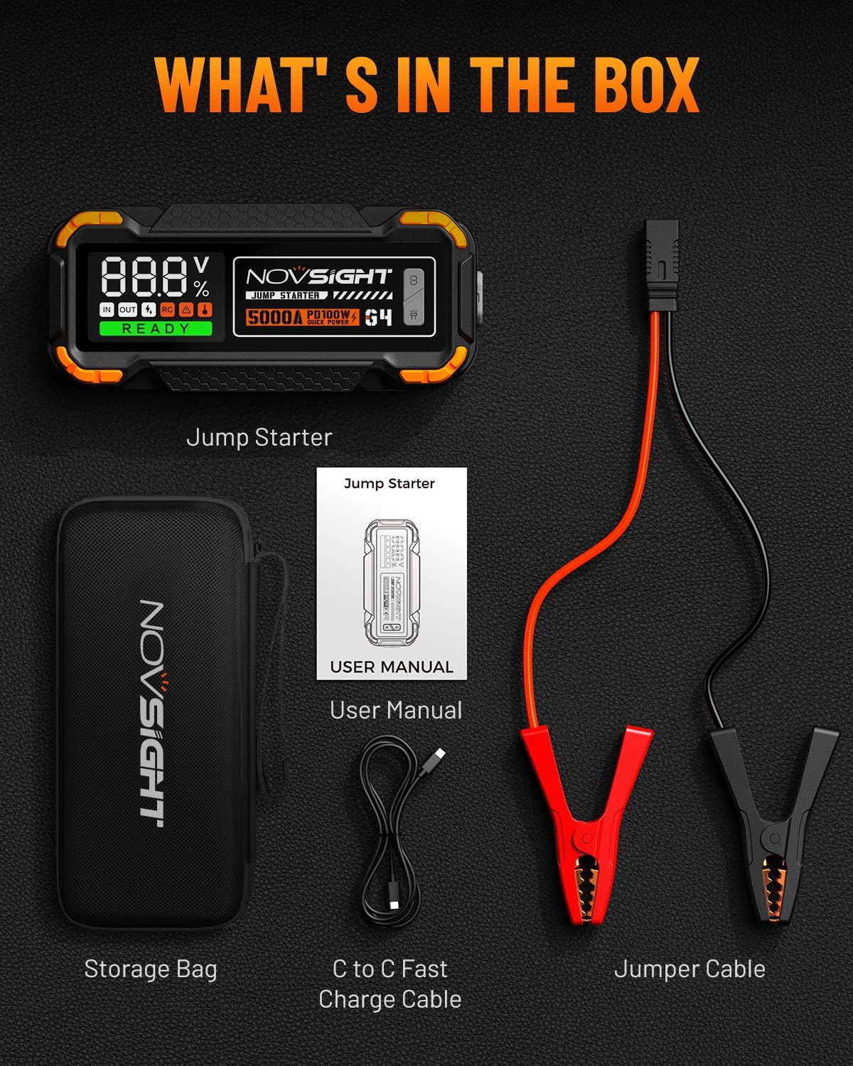 NOVSIGHT Car Battery Jump Starter - 5000A Portable Battery Jumper (12.0L Gas/10.0L Diesel) 12V Car Starter Jump Box with USB Type-C Quick Charge, Bulit-in Charge 3 Modes, Dual Color Lights(Orange)