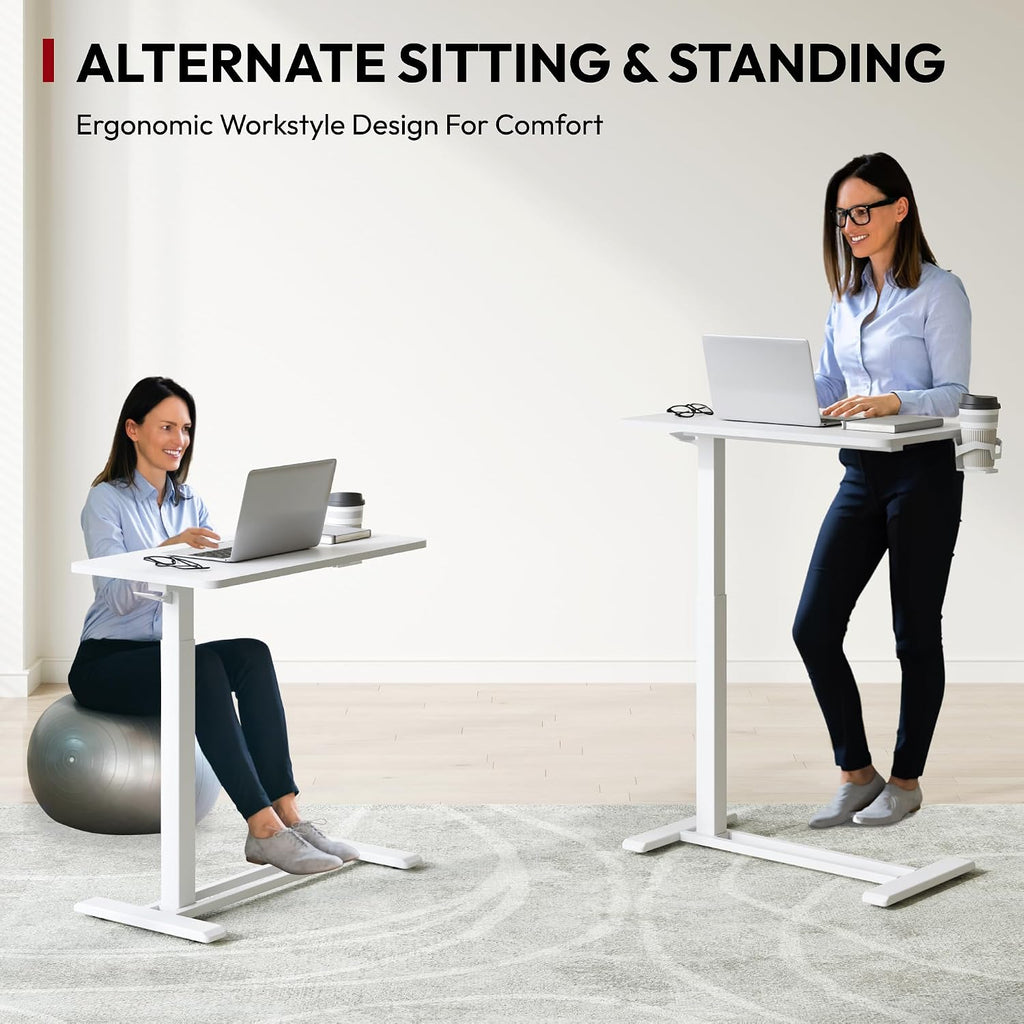 SANODESK Mobile Standing Desk with Hidden Wheels,Pneumatic Laptop Desk Rolling Computer Cart Movable Height Adjustable Small Sit Stand Desk for Home Office(31.5' W x 15.7' D,White)