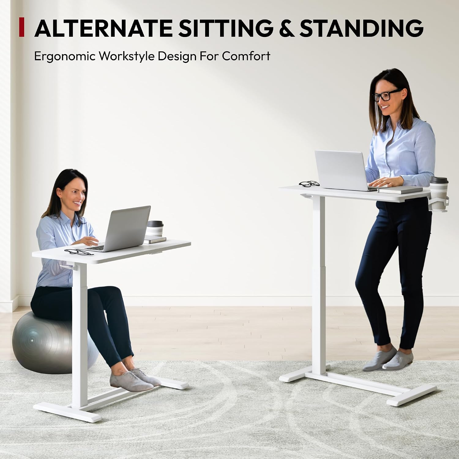 SANODESK Mobile Standing Desk with Hidden Wheels,Pneumatic Laptop Desk Rolling Computer Cart Movable Height Adjustable Small Sit Stand Desk for Home Office(31.5' W x 15.7' D,White)