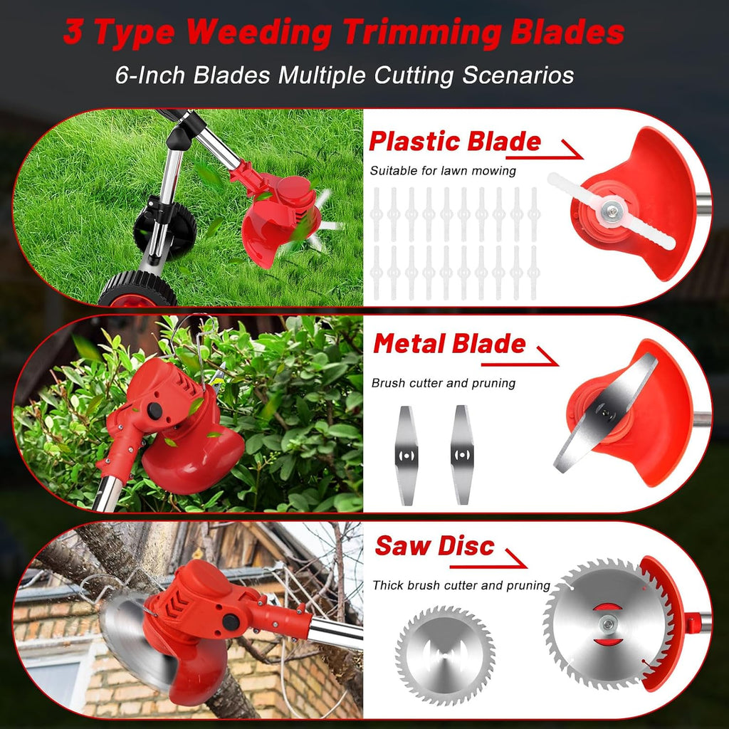 Electric Weed Wacker Cordless Weed Eater Battery Powered 21V, 4-in-1 Brush Cutter/String Trimmer/Grass Trimmer/Lawn Mower, 6 inch Edger Stringless Weed Trimmer with Wheel & Blade, 2 Battery(Red)
