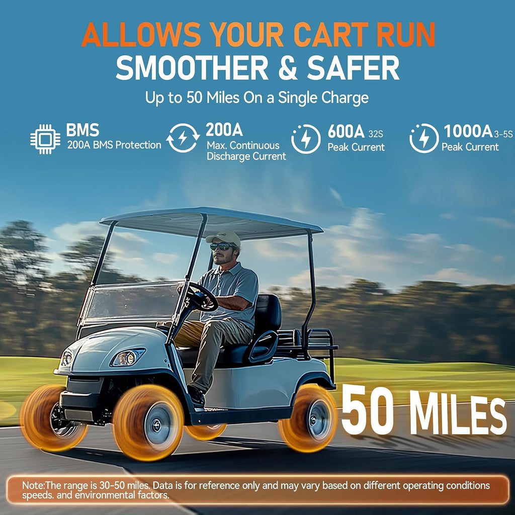36V 150Ah Lithium Golf Cart Battery, 36 Volt 150Ah LiFePO4 Battery, Built-in Bluetooth 200A BMS, with 43.8V 25A Lithium Battery Charger, Peak Current 1000A Perfect for Golf Carts, Trolling Motor