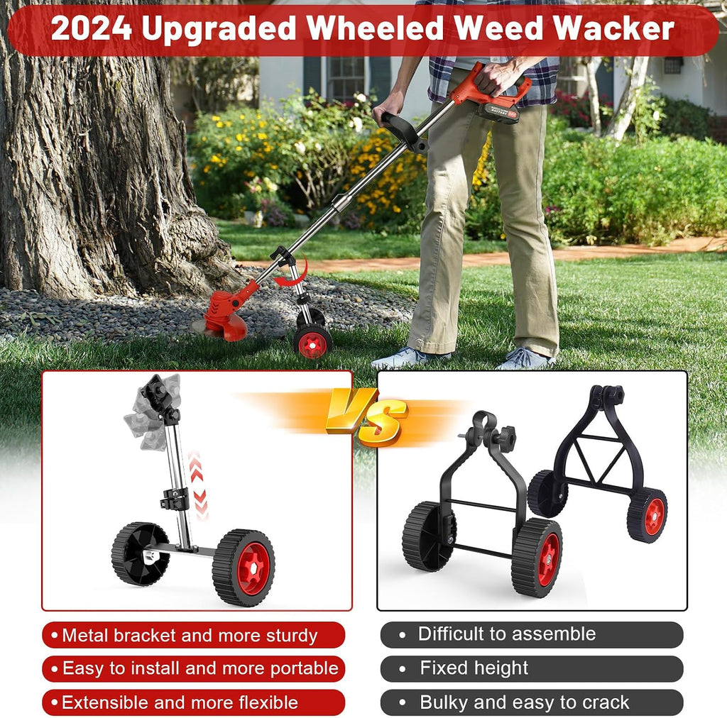 Electric Weed Wacker Cordless Weed Eater Battery Powered 21V, 4-in-1 Brush Cutter/String Trimmer/Grass Trimmer/Lawn Mower, 6 inch Edger Stringless Weed Trimmer with Wheel & Blade, 2 Battery(Red)
