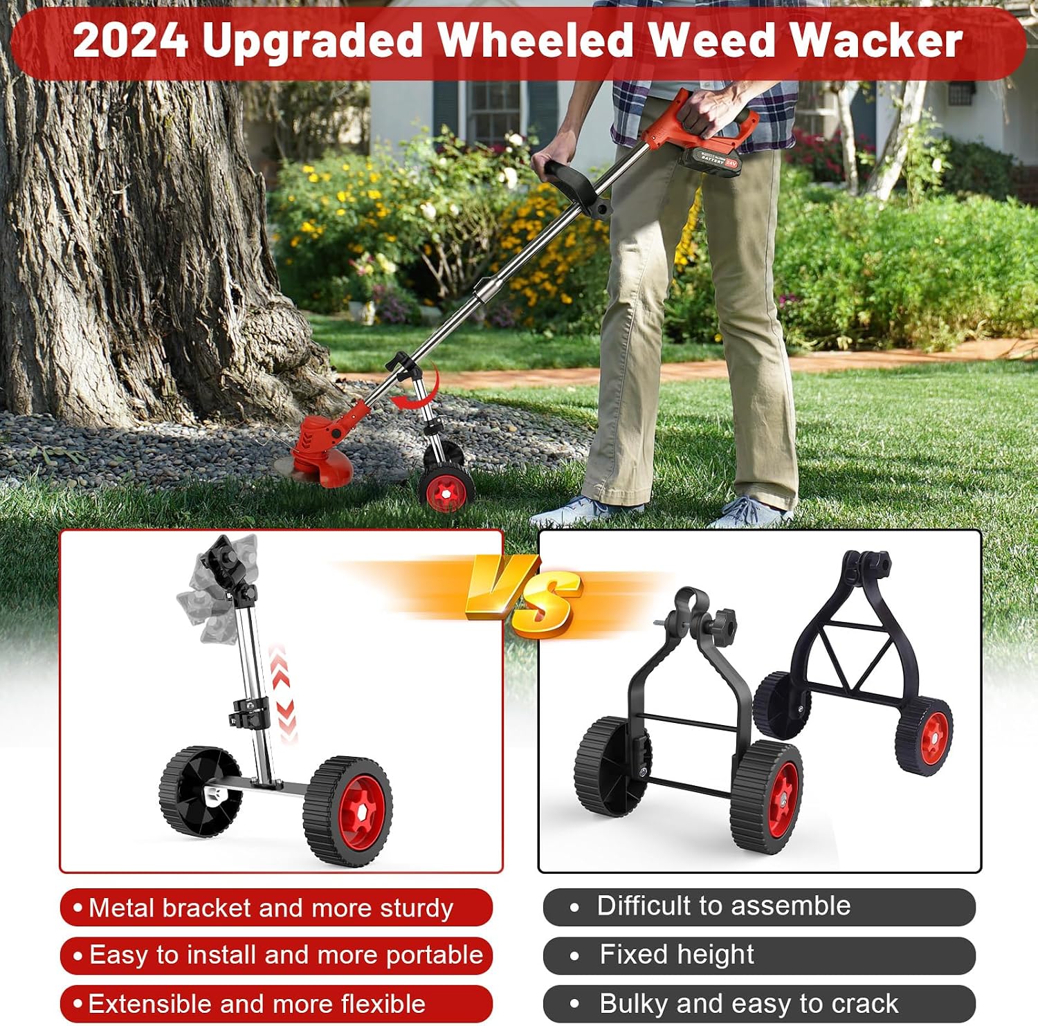Electric Weed Wacker Cordless Weed Eater Battery Powered 21V, 4-in-1 Brush Cutter/String Trimmer/Grass Trimmer/Lawn Mower, 6 inch Edger Stringless Weed Trimmer with Wheel & Blade, 2 Battery(Red)