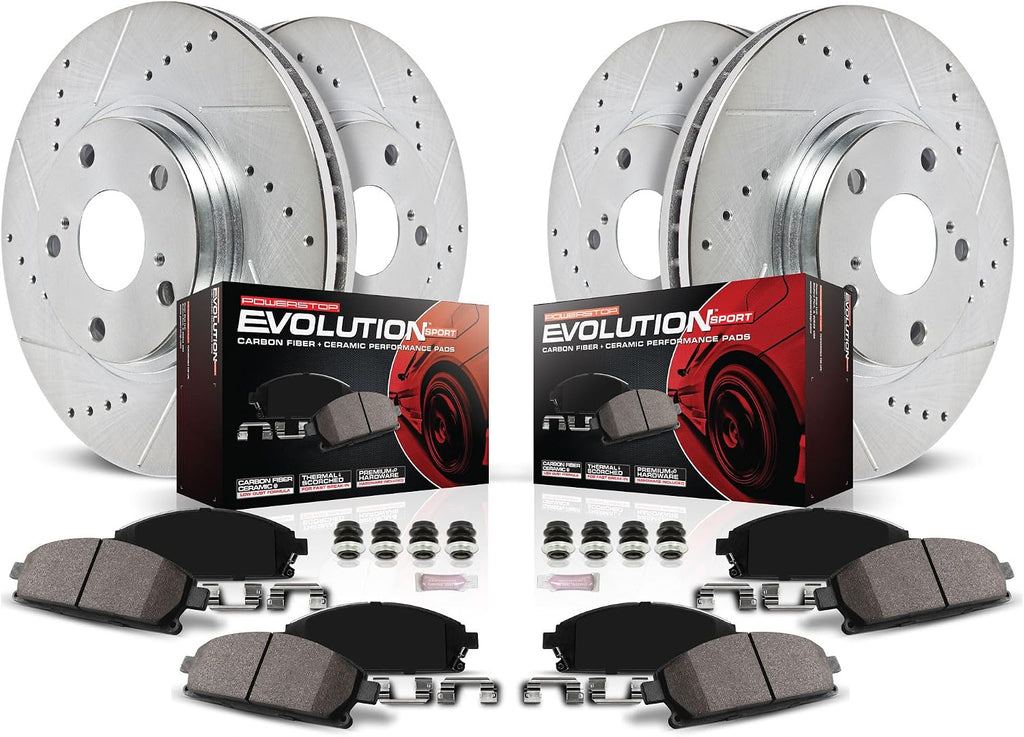 PowerStop Front and Rear Brake Kit for Lexus ES250 2021-24 |ES300h 2019-24 |ES350 2019-24 |UX200 2019-22 - Drilled and Slotted Disc Rotors with Carbon-Fiber Ceramic Brake Pads Replacement, K8348
