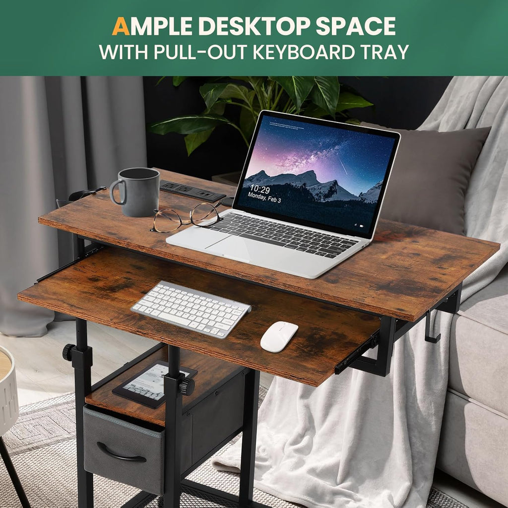 FAHKNS Adjustable C Table with Charging Station, Tiltable Desk C Shaped End Table for Couch, Over Bed Table with Wheels Adjustable Height, Hospital Laptop Stand Drawing Desk