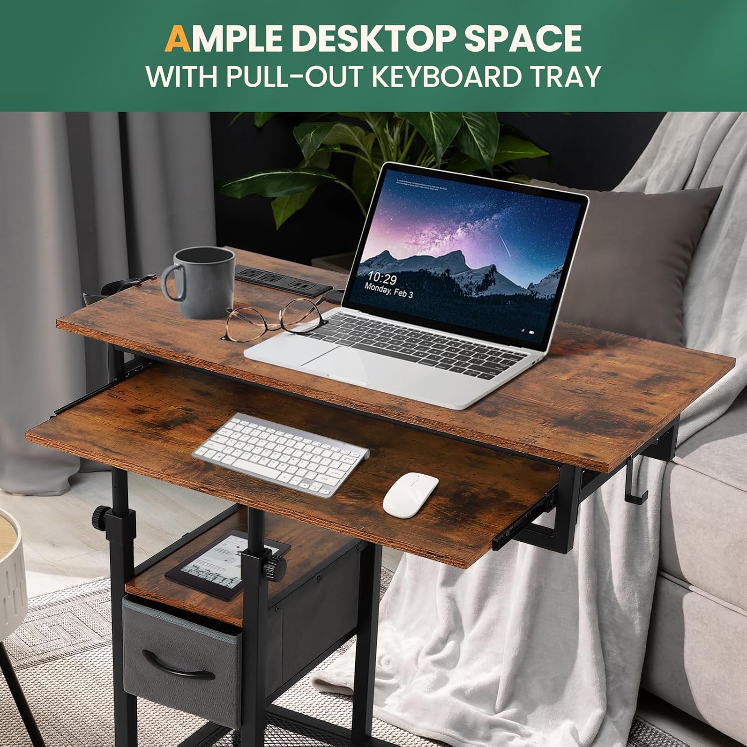 FAHKNS Adjustable C Table with Charging Station, Tiltable Desk C Shaped End Table for Couch, Over Bed Table with Wheels Adjustable Height, Hospital Laptop Stand Drawing Desk