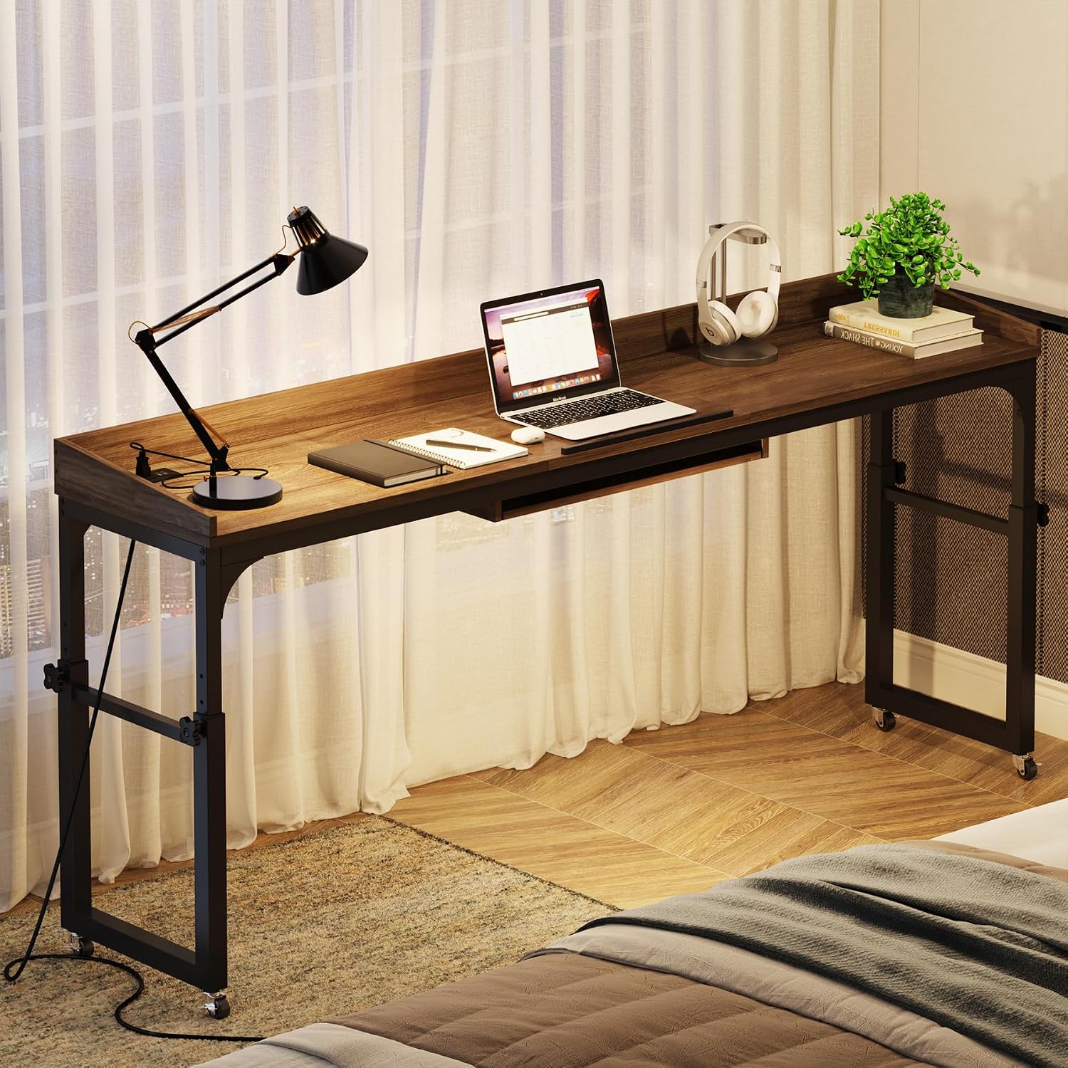 Tribesigns Height Adjustable Overbed Table with Wheels, Queen Size Over Bed Desk with Adjustable Tilt Stand, Mobile Laptop Cart Computer Desk with Outlets & USB Ports (Dark Gray)