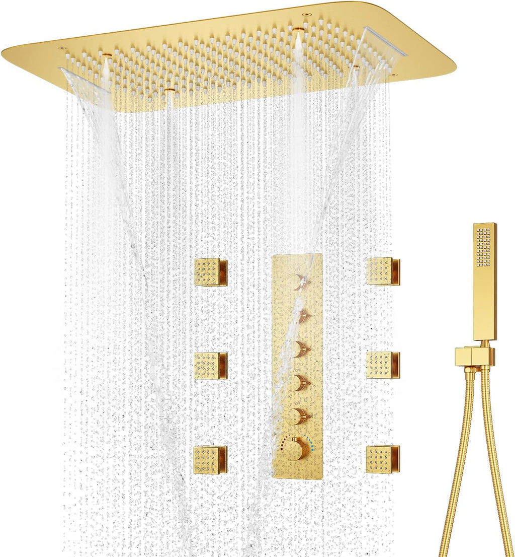 Brushed Gold Shower System with 16 X 24inch Large Triple Function Rain Waterfall Mist Shower Head, Ceiling Shower Faucet Fixtures Set with Thermostatic Shower Valve and 6PCS Shower Body Jets