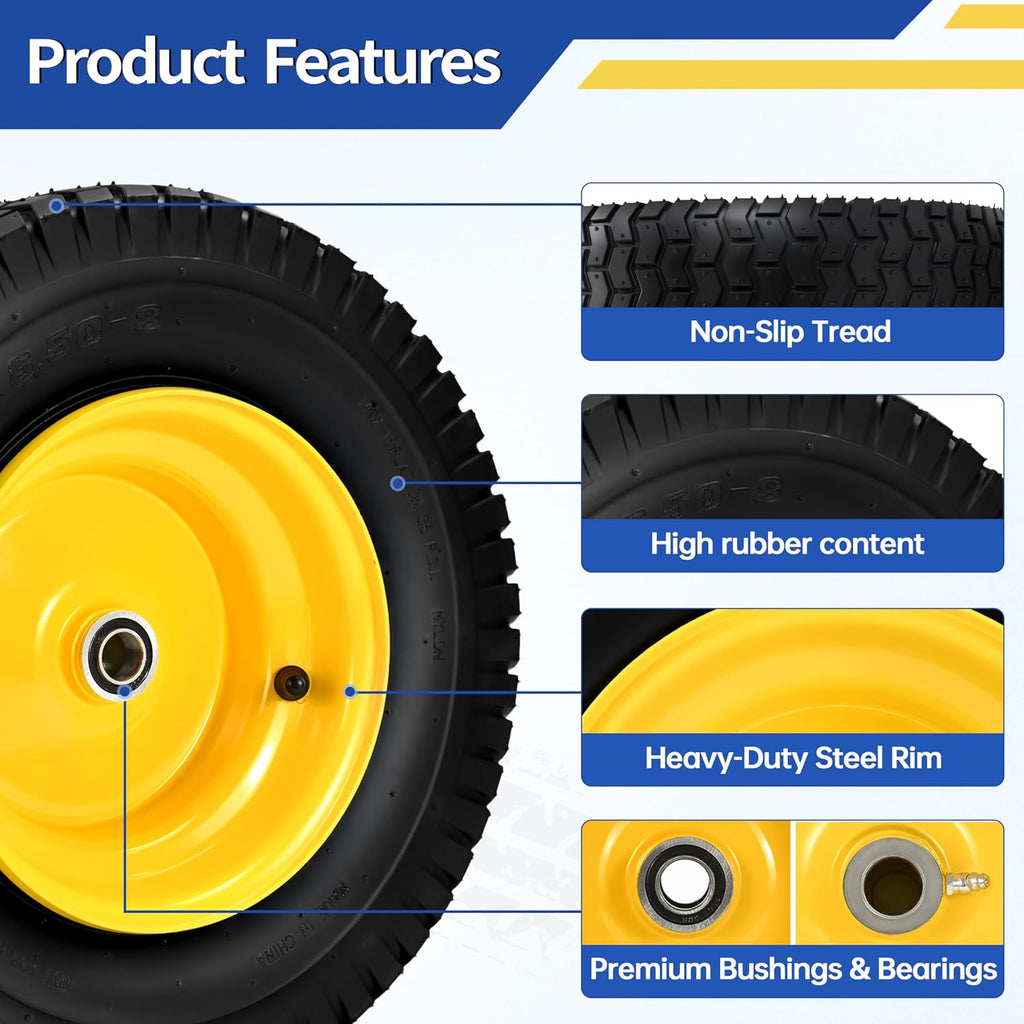 2 Pcs 16x6.50-8 Tubeless Lawn Mower Tire and Wheel, 16x6.5-8 Air-Filled Replacement Tires for Riding Mowers and Lawn Tractors, with 3/4' Bearings & Extra 1' Bushings, 3'-5' Offset Hub, Yellow Rim