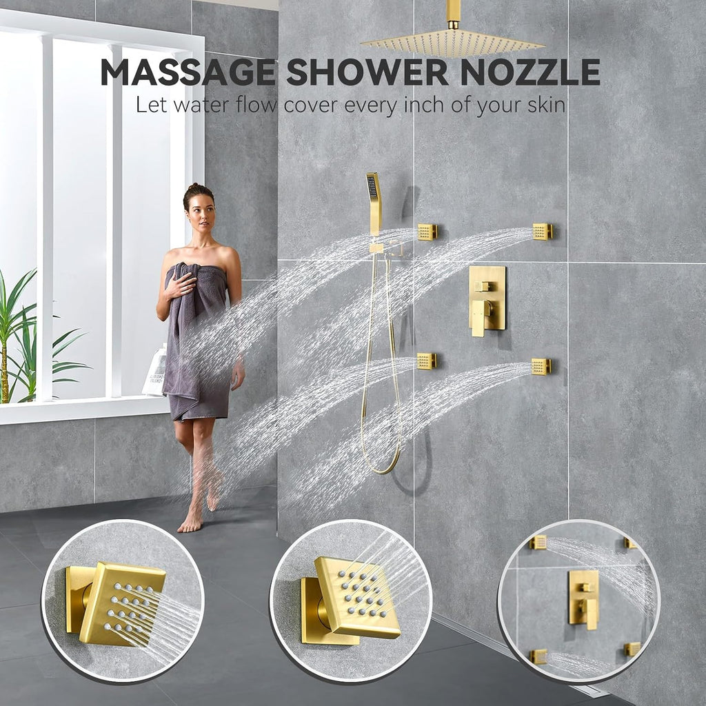 Rain Shower System With Complete 4 Pcs Body Sprays Jets And Pressured Balance Rough-in Valve,12Inch Rainfall Shower Head And Handheld, Modern Brushed Gold Ceiling Mount Shower Faucet Sets