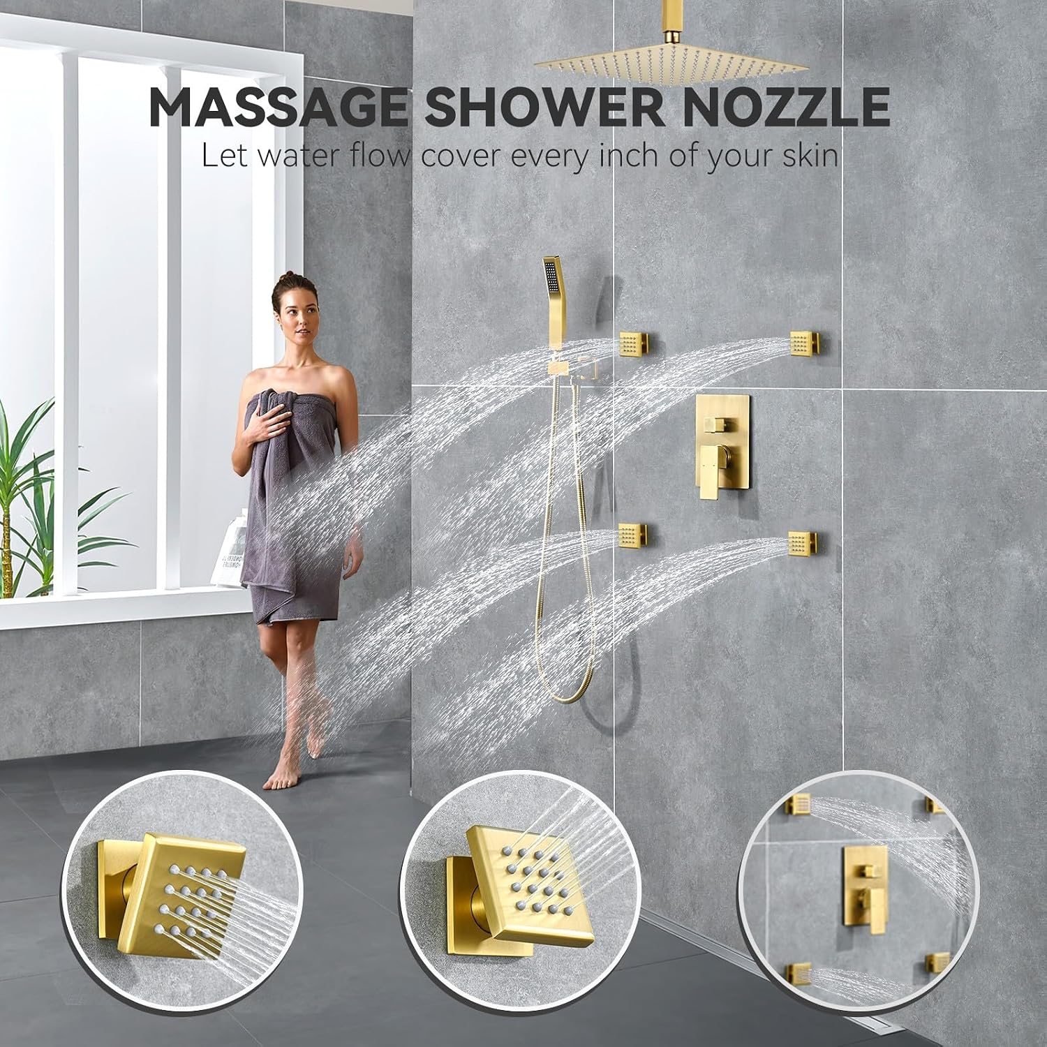 Rain Shower System With Complete 4 Pcs Body Sprays Jets And Pressured Balance Rough-in Valve,12Inch Rainfall Shower Head And Handheld, Modern Brushed Gold Ceiling Mount Shower Faucet Sets